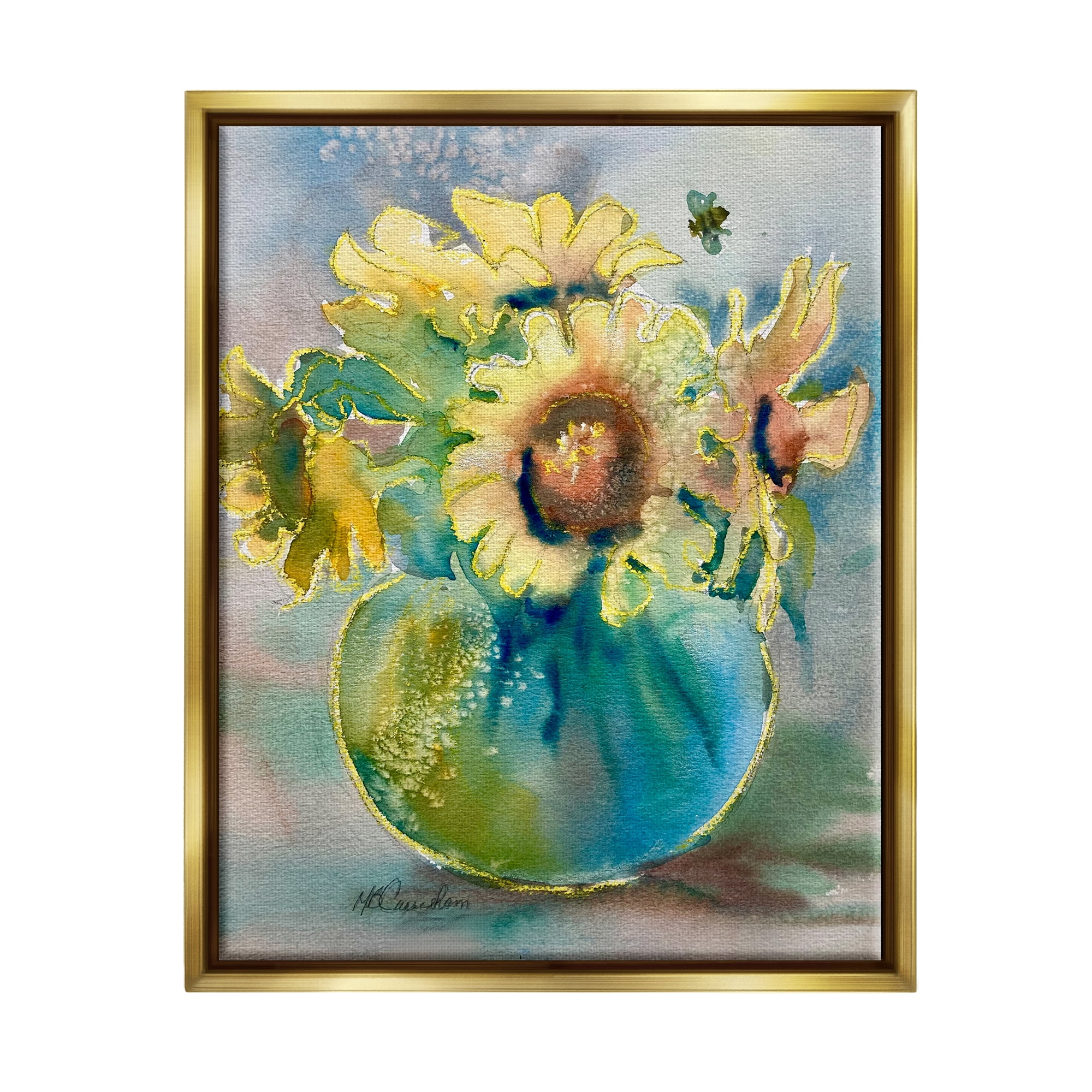 Stupell Industries Modern Yellow Daisies Botanical & Floral Painting Gold Floater Framed Art Print Wall Art, 17 x 21