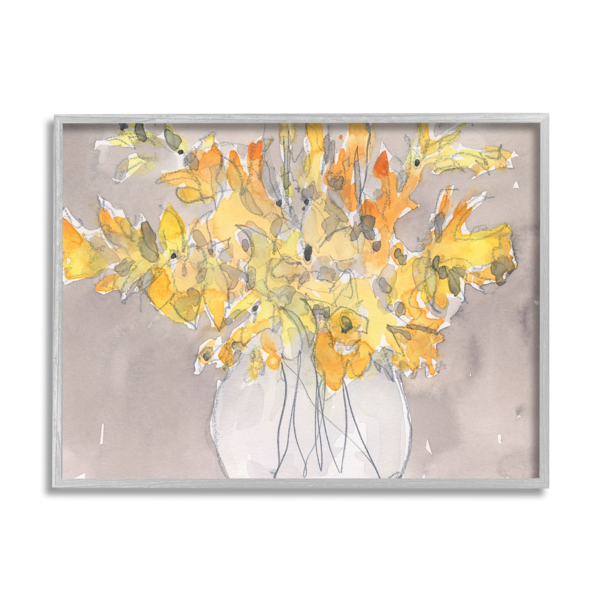 Stupell Industries Modern Yellow Petals Blossoms Floral Arrangement Vase Painting Gray Framed Art Print Wall Art, Design by Samuel Dixon