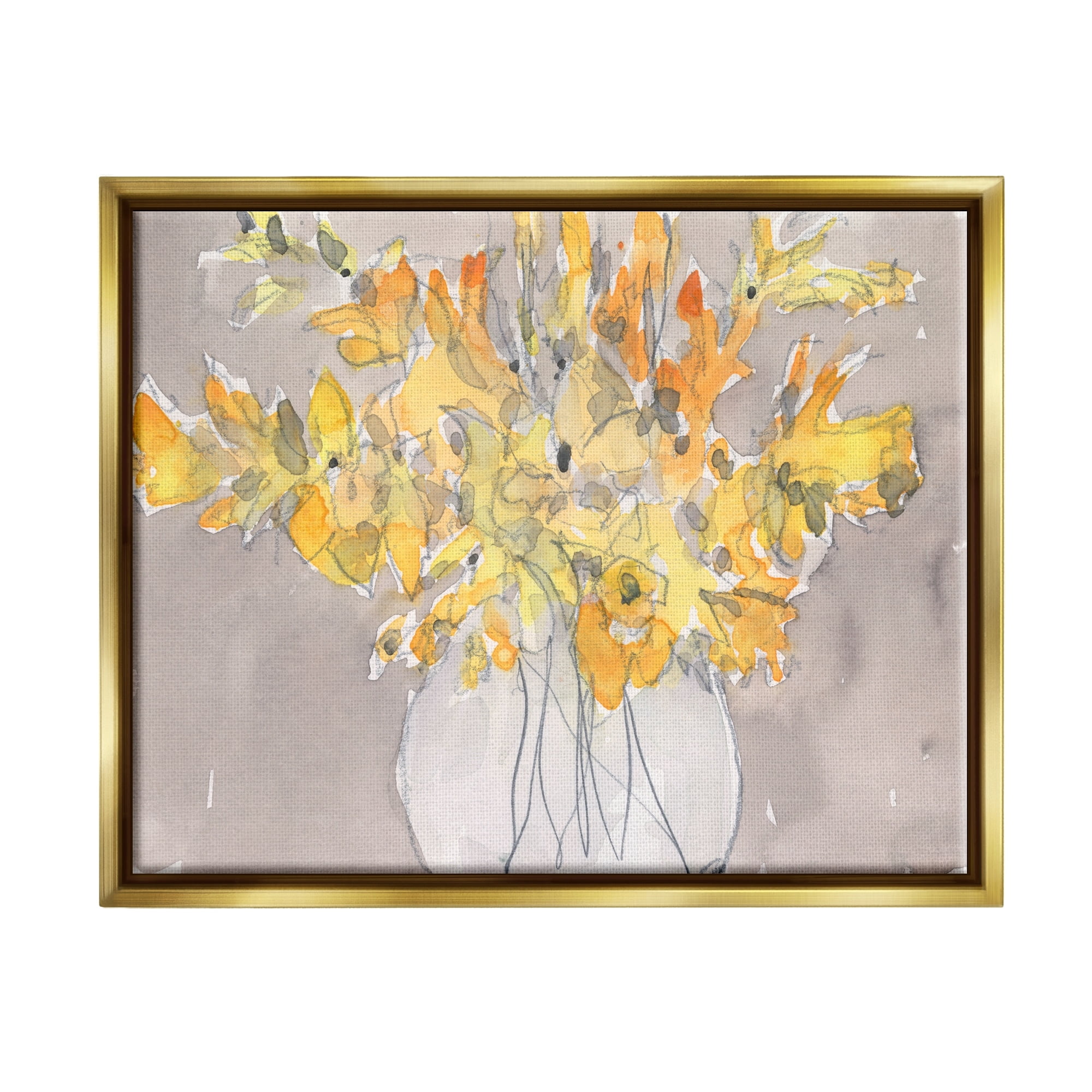 Stupell Industries Modern Yellow Petals Blossoms Floral Arrangement Vase Painting Metallic Gold Floating Framed Canvas Print Wall Art, Design by Samuel Dixon