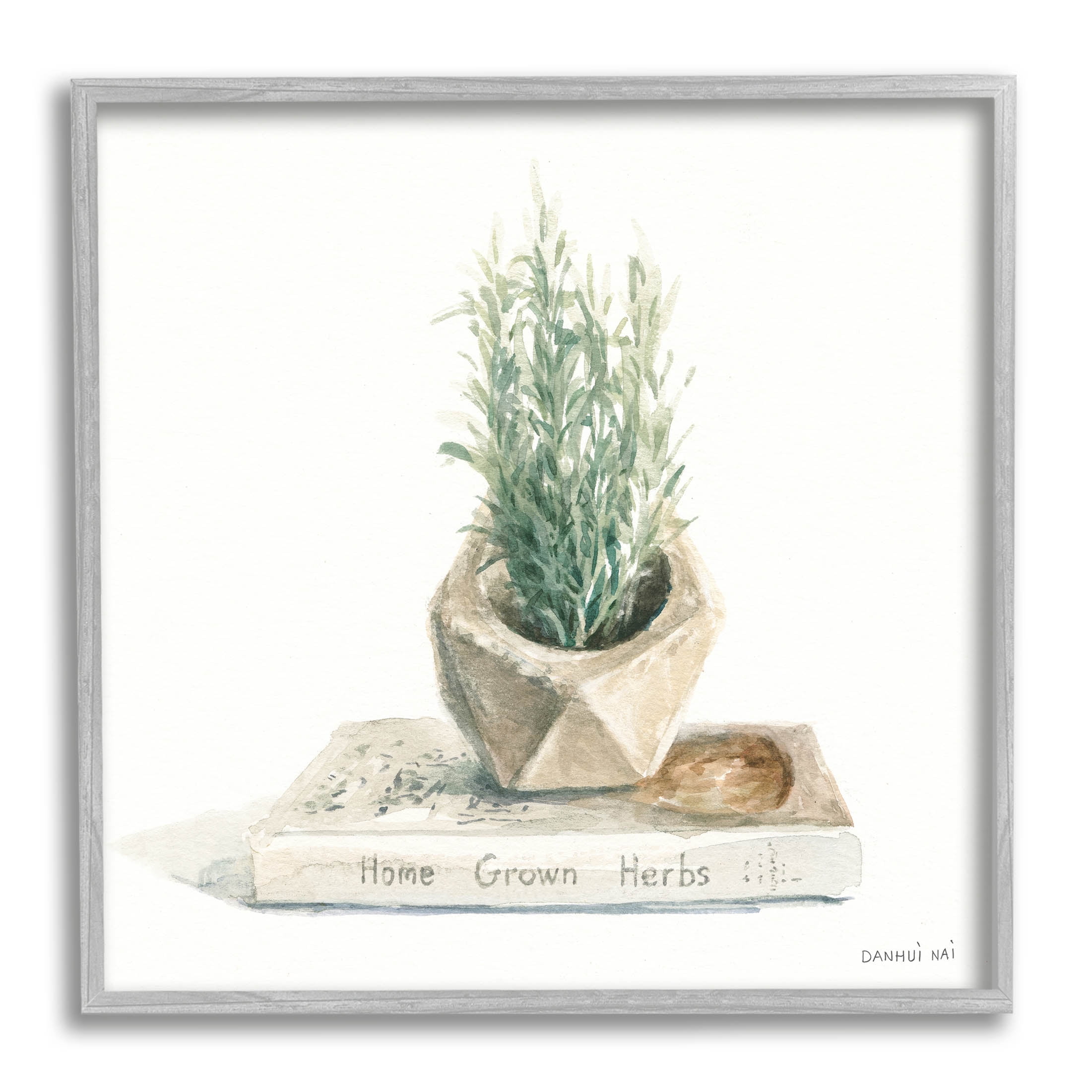 Stupell Industries Modest Herb Planter Book Painting Gray Framed Art Print Wall Art, Design by Danhui Nai