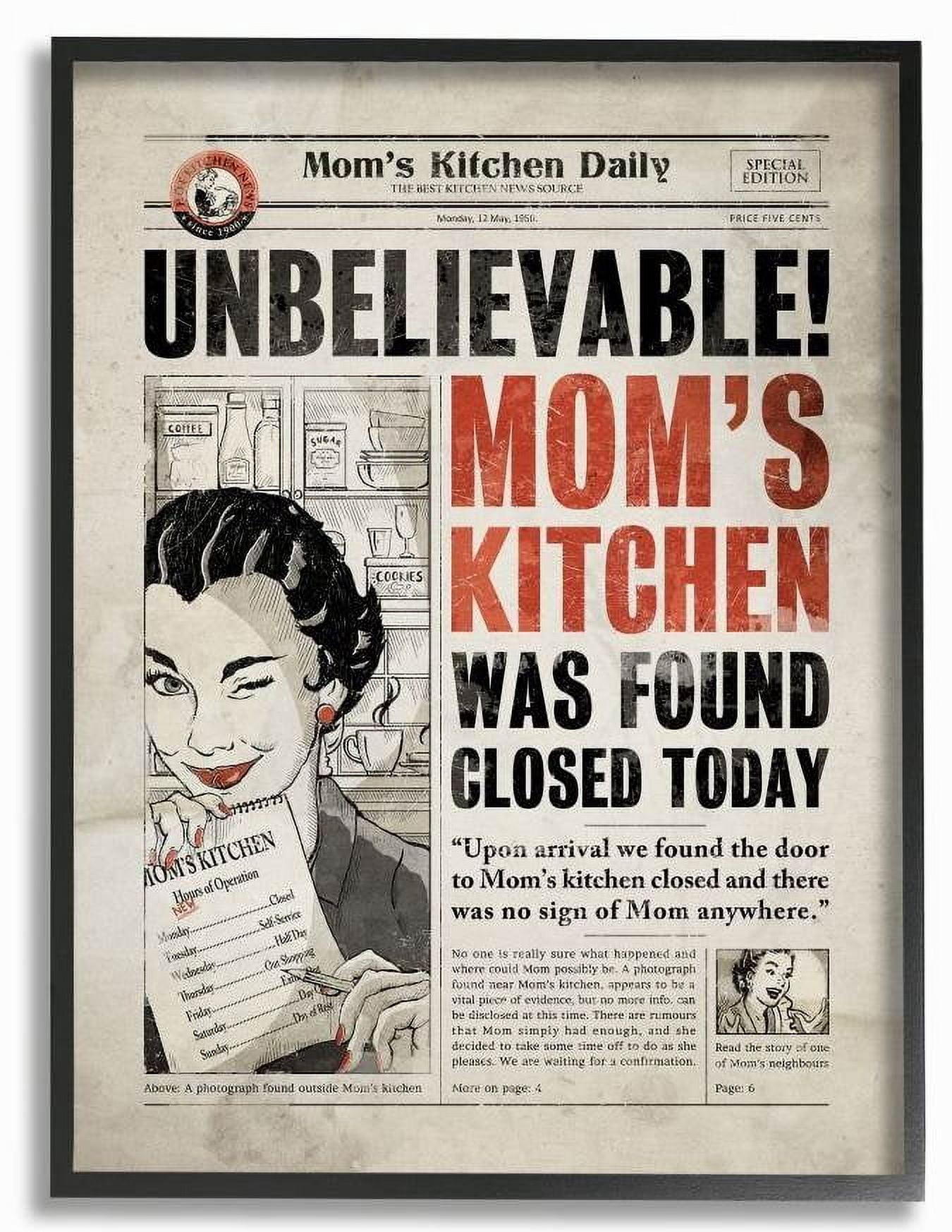 Stupell Industries Mom's Kitchen Funny Newspaper Vintage Comic Book Design Framed Wall Art by Ester Kay