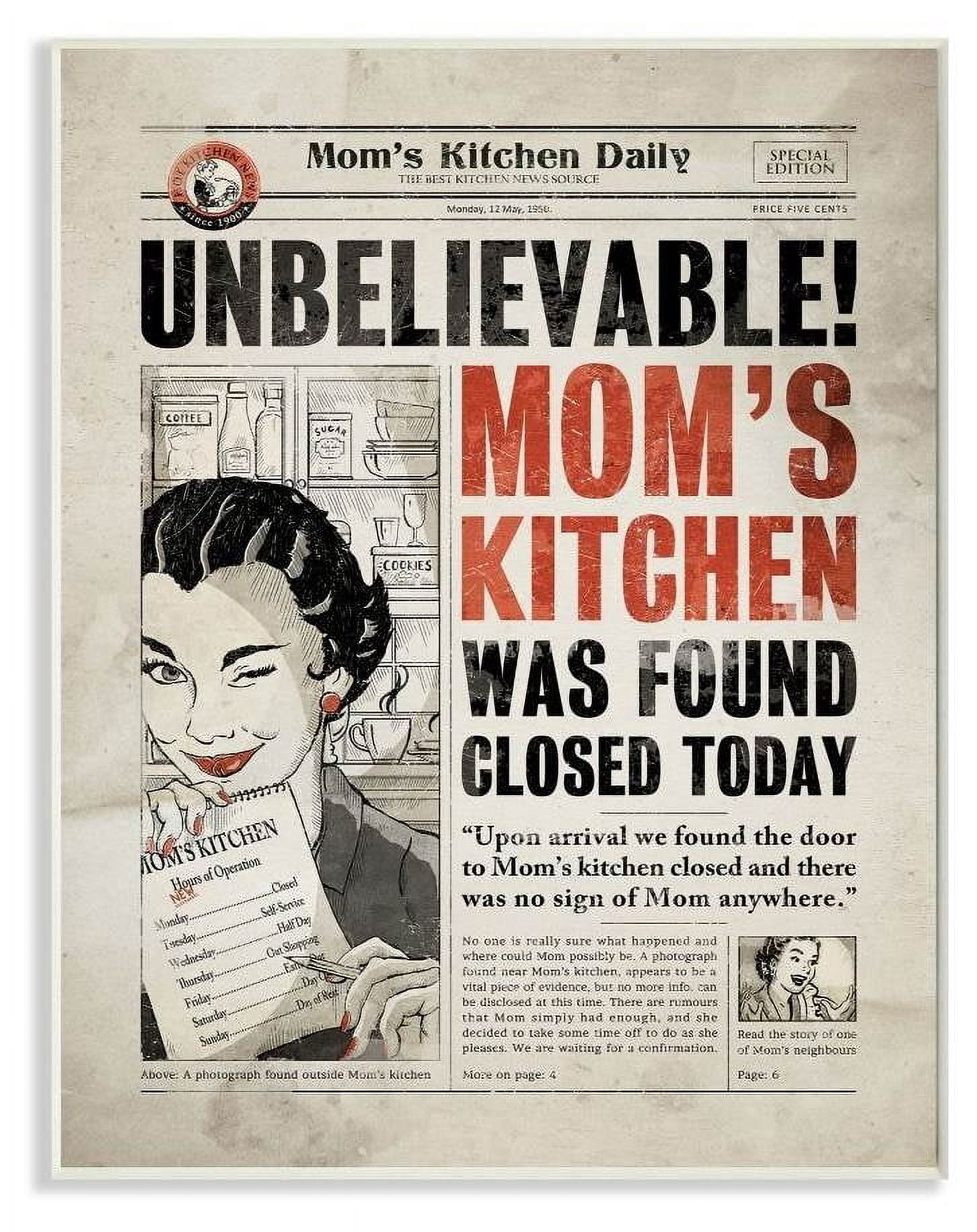 Stupell Industries Mom's Kitchen Funny Newspaper Vintage Comic Book Design Wall Plaque by Ester Kay