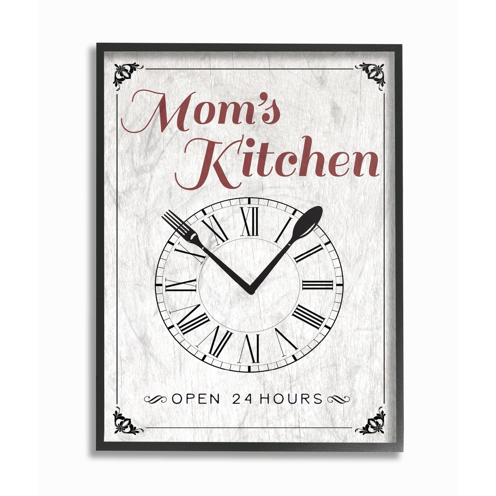 Stupell Industries Mom's Kitchen Open 24 Hours Novelty Painting Black Framed Art Print Wall Art, 16 x 20
