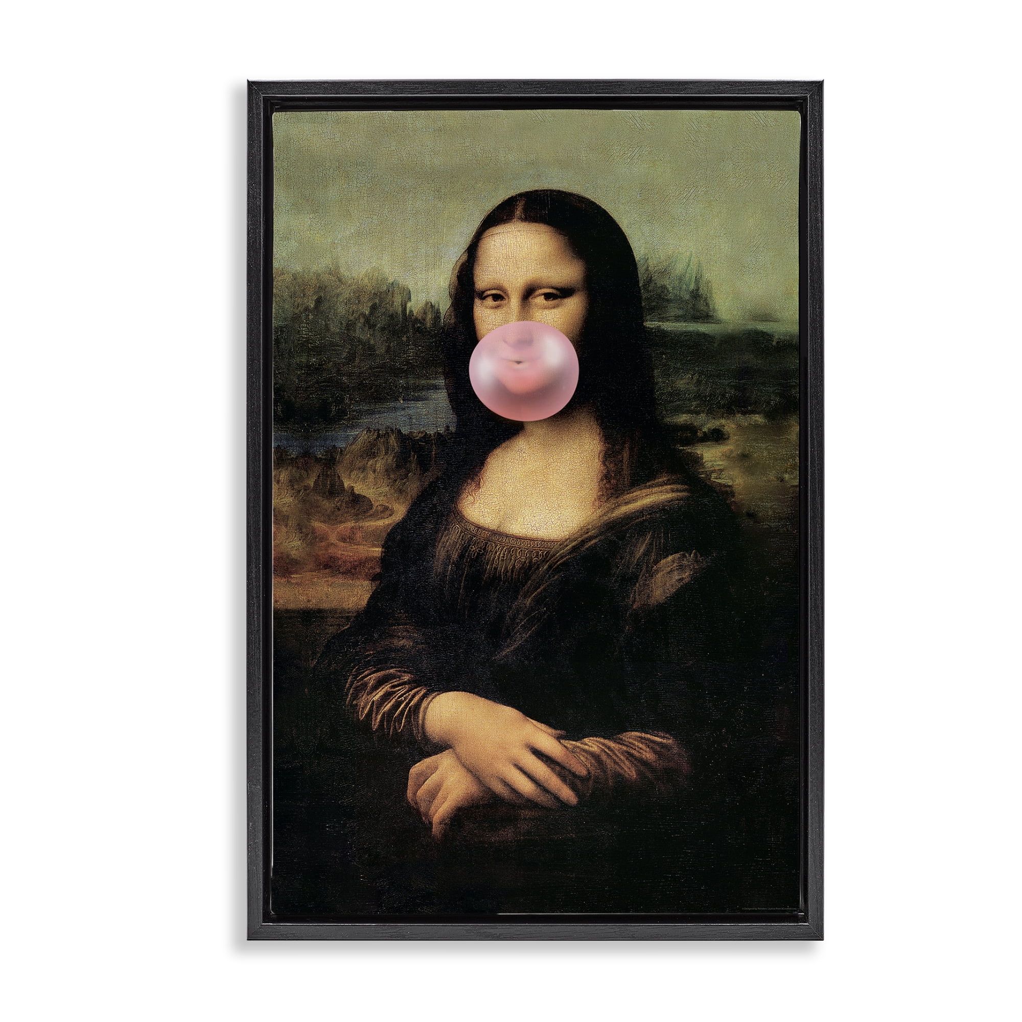 Stupell Industries Mona Lisa & Bubblegum Novelty & Humor Painting Black Floater Framed Canvas Art Print Wall Art, 21 x 31