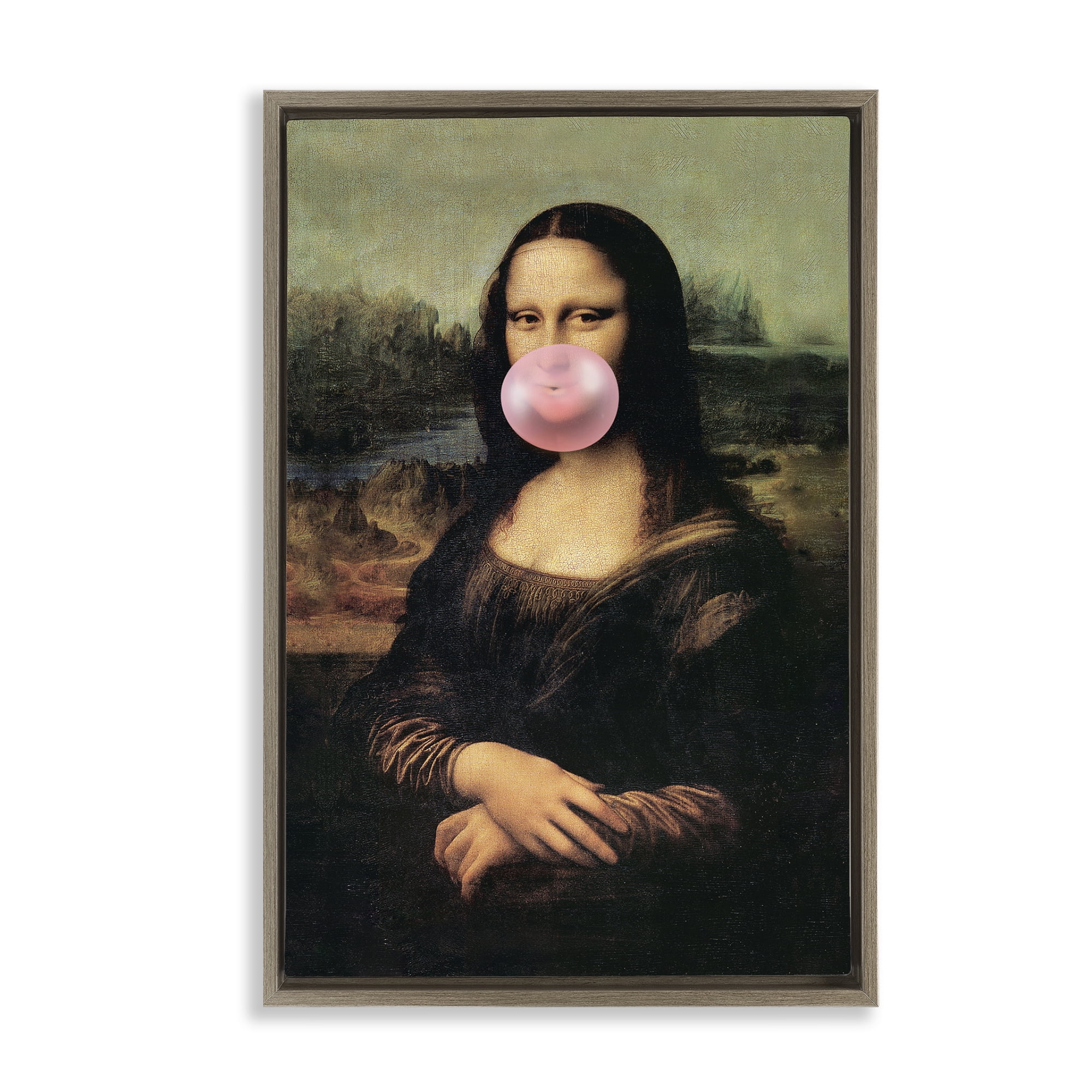 Stupell Industries Mona Lisa & Bubblegum Novelty & Humor Painting Brown Floater Framed Canvas Art Print Wall Art, 17 x 25