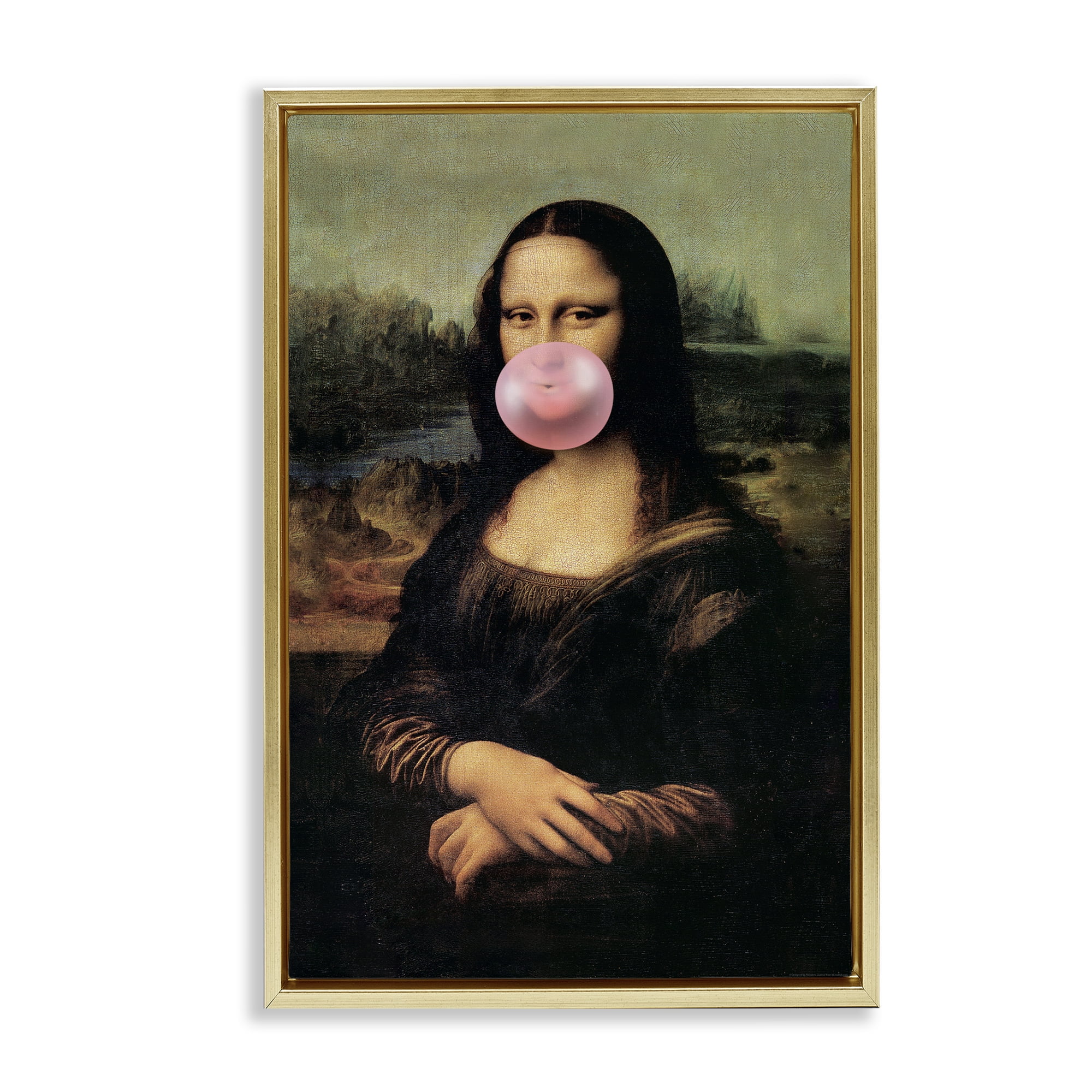 Stupell Industries Mona Lisa & Bubblegum Novelty & Humor Painting Gold Floater Framed Canvas Art Print Wall Art, 17 x 25