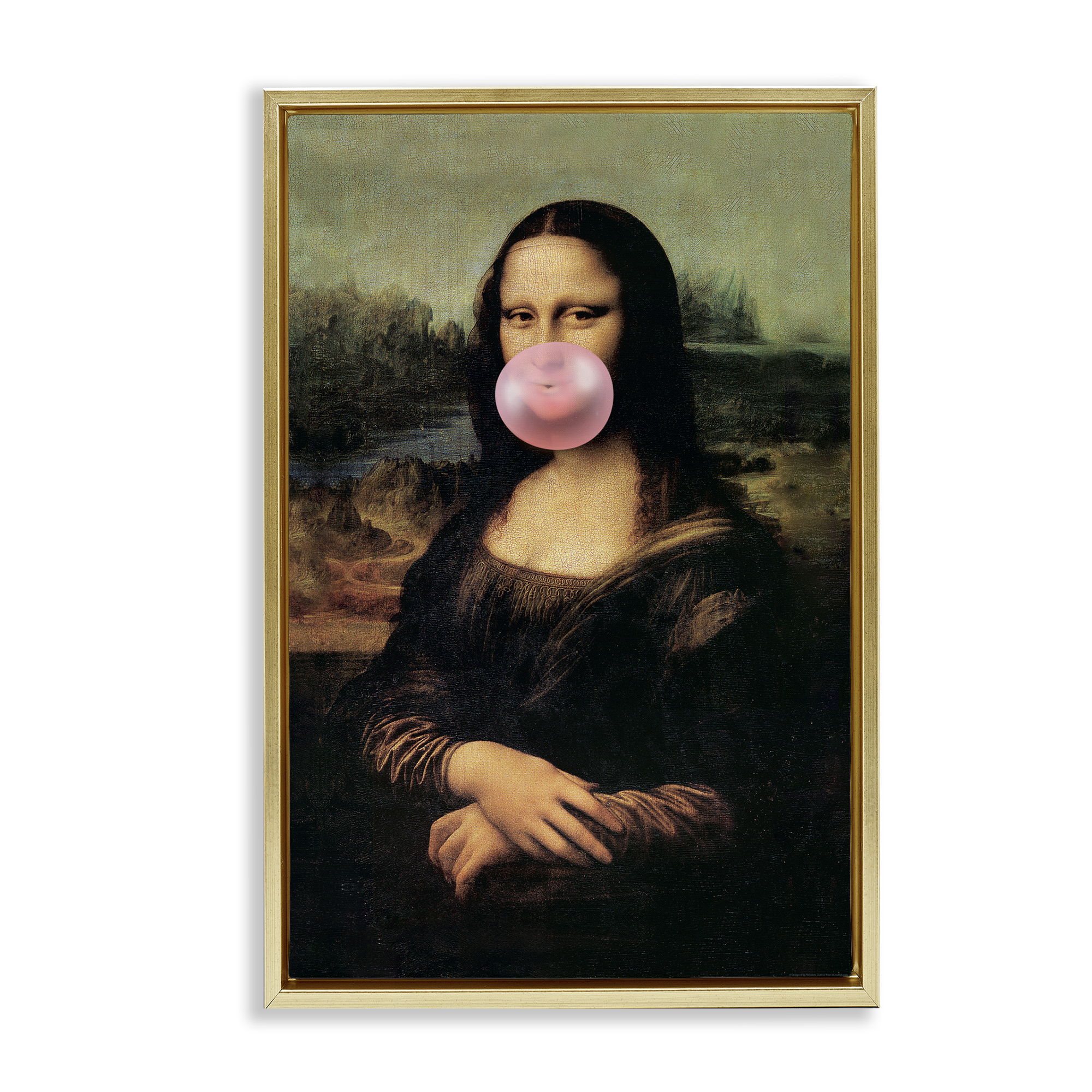 Stupell Industries Mona Lisa & Bubblegum Novelty & Humor Painting Gold Floater Framed Canvas Art Print Wall Art, 21 x 31