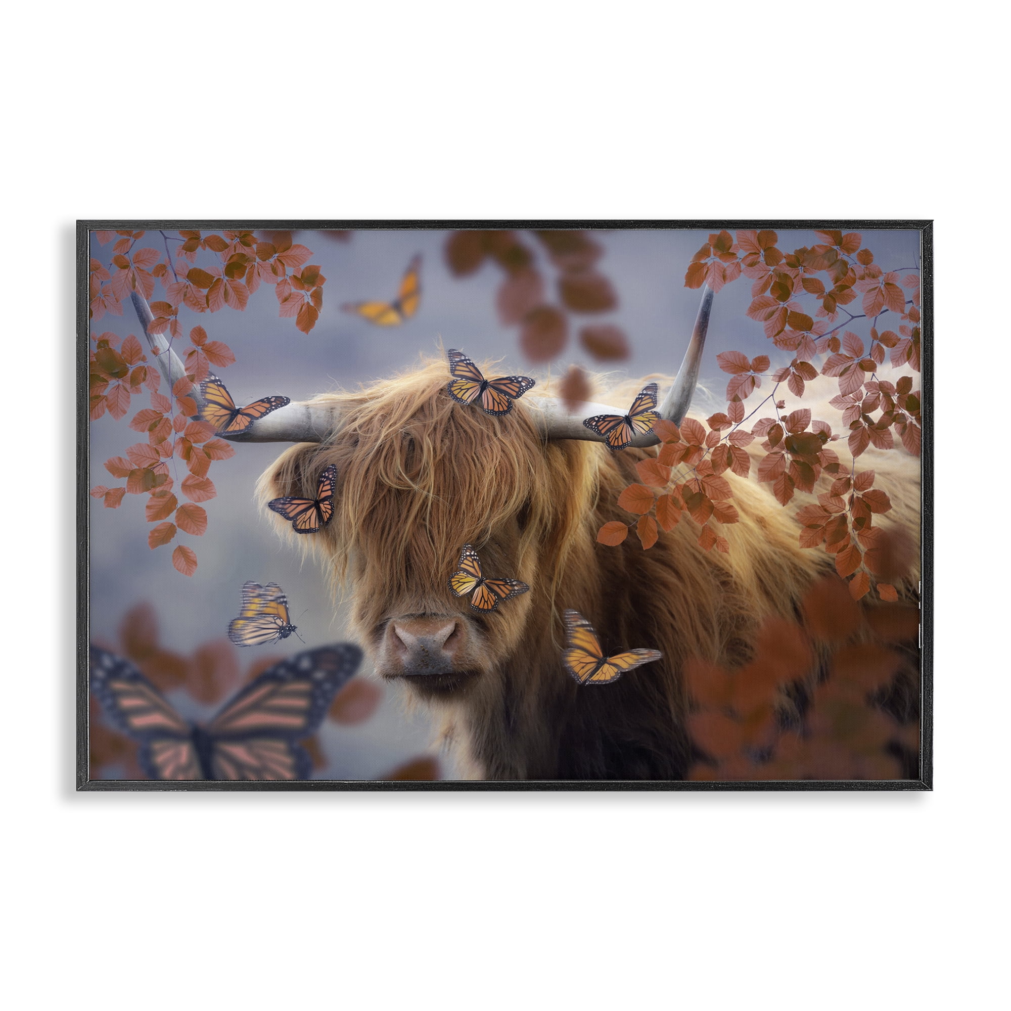 Stupell Industries Monarch Butterflies & Cattle Animals Painting Black Framed Art Print Wall Art, 30 x 20
