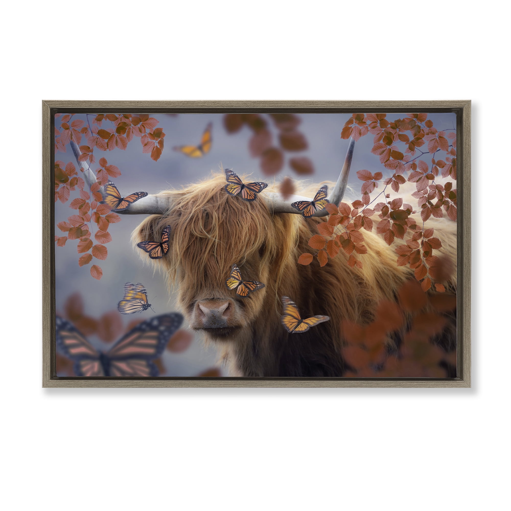 Stupell Industries Monarch Butterflies & Cattle Animals Painting Brown Floater Framed Canvas Art Print Wall Art, 25 x 17