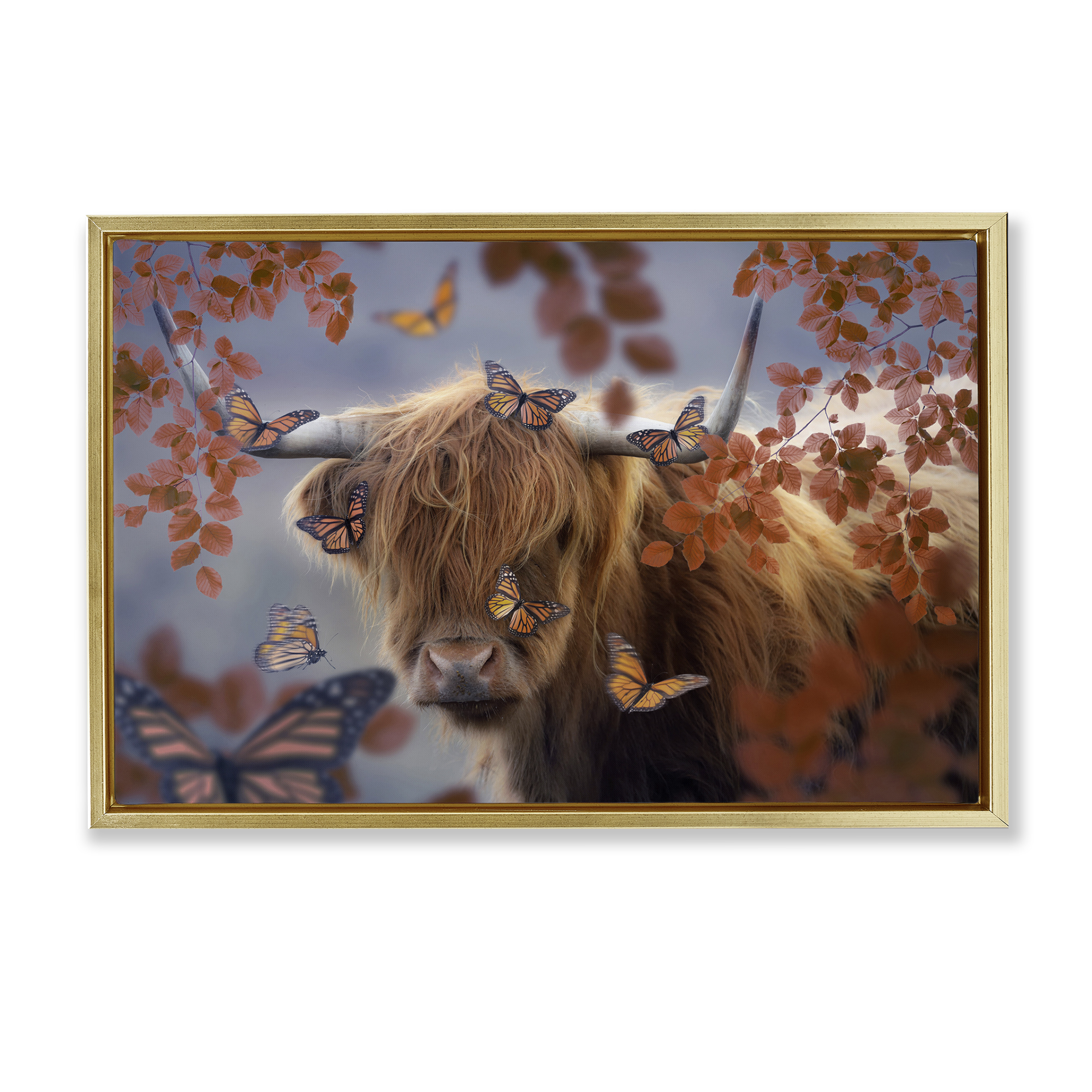 Stupell Industries Monarch Butterflies & Cattle Animals Painting Gold Floater Framed Canvas Art Print Wall Art, 31 x 21