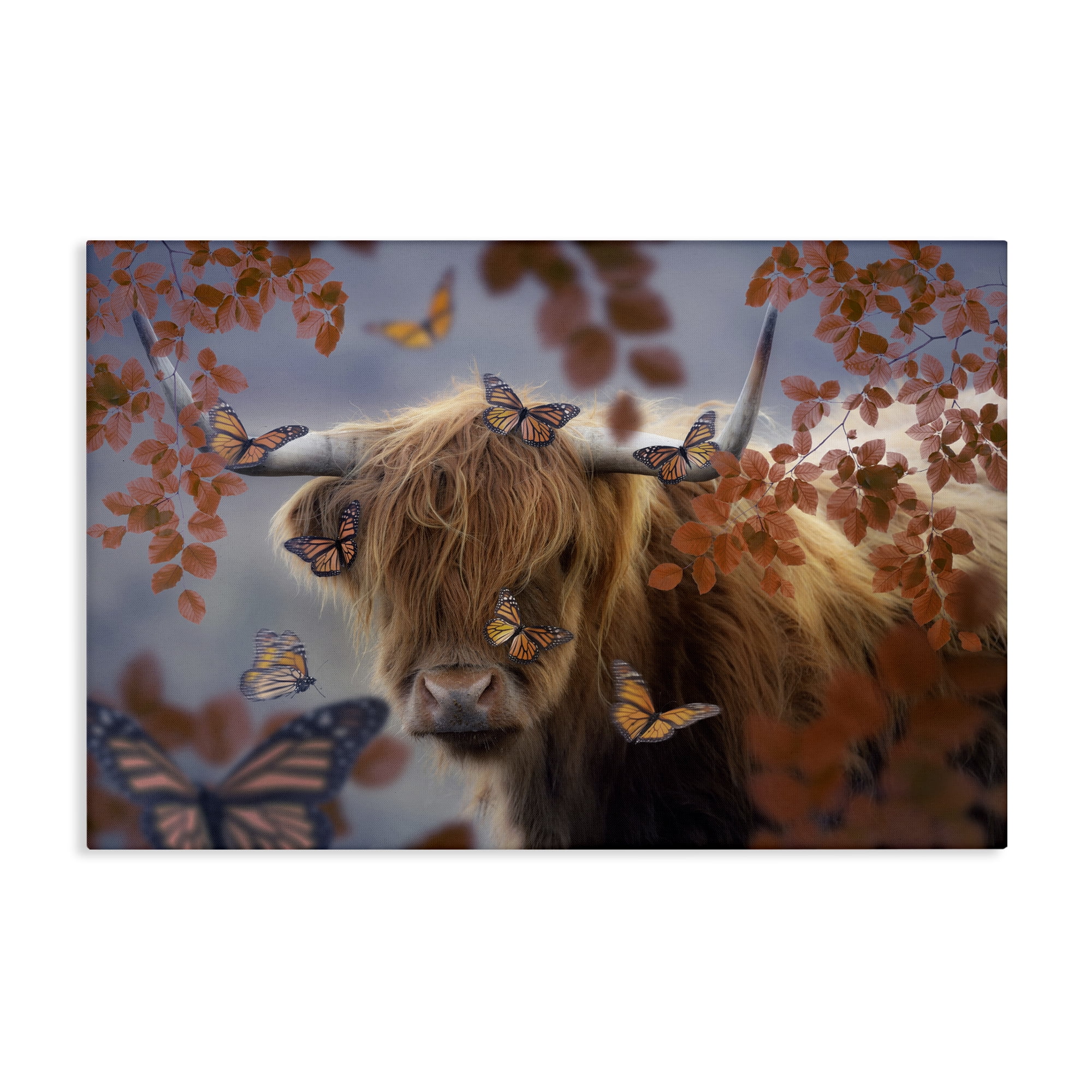 Stupell Industries Monarch Butterflies & Cattle Animals Painting Wrapped Canvas Art Print Wall Art, 30 x 20