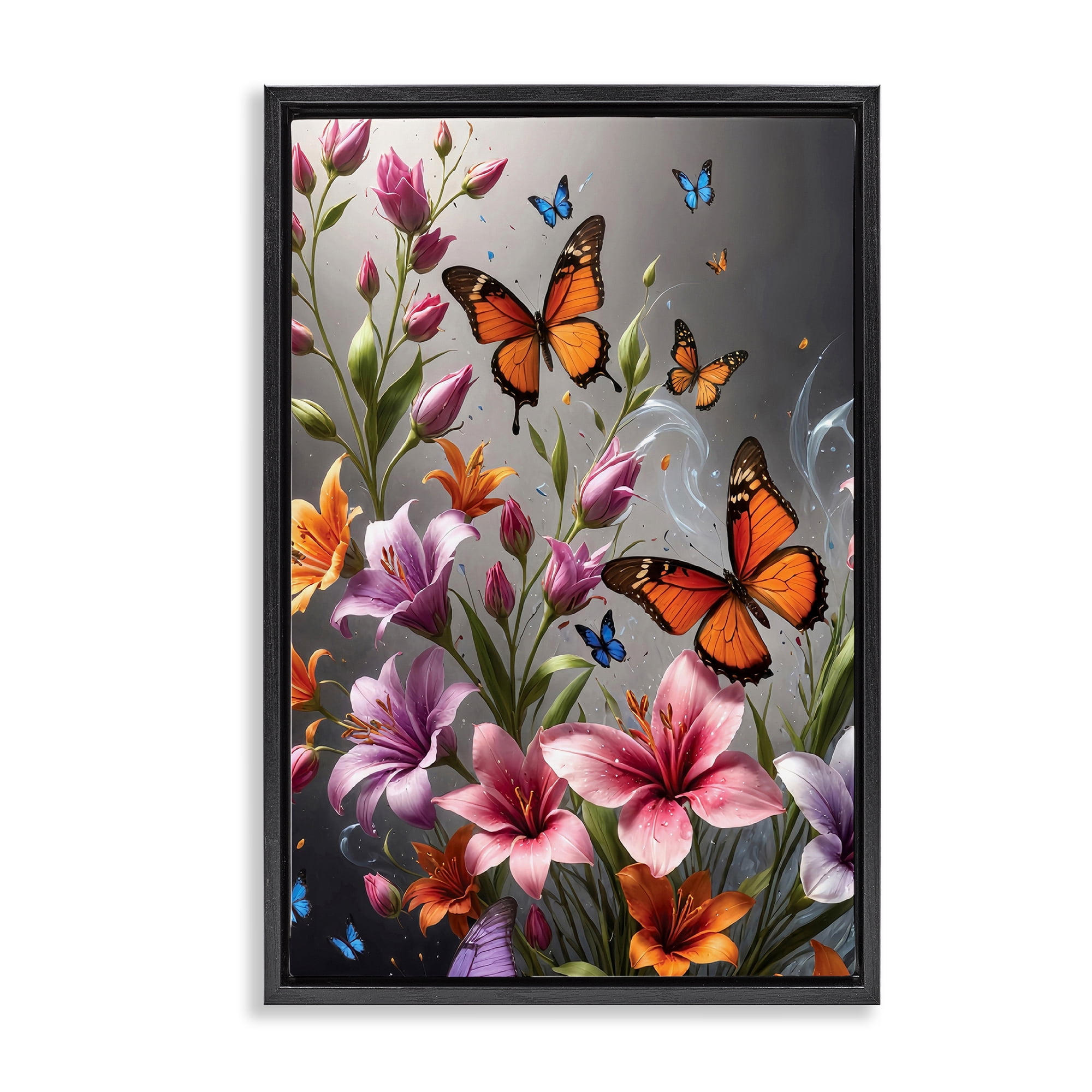 Stupell Industries Monarch Butterflies & Lilies Animals Painting Black Floater Framed Canvas Art Print Wall Art, 21 x 31