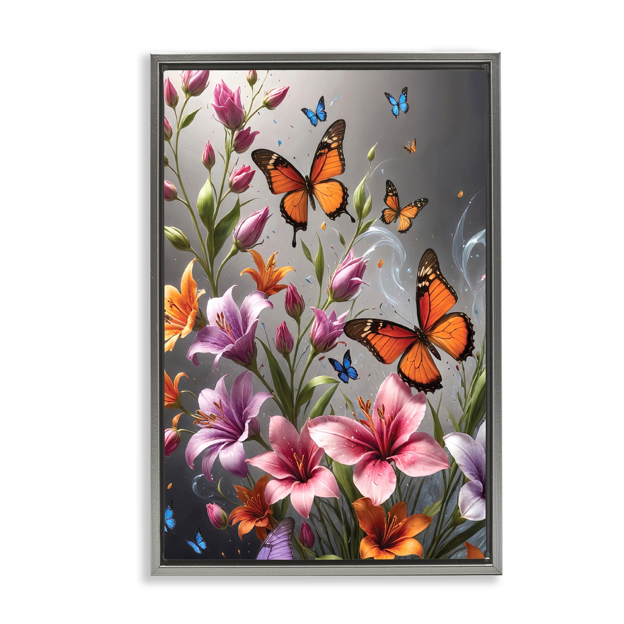 Stupell Industries Monarch Butterflies & Lilies Animals Painting Gray Floater Framed Canvas Art Print Wall Art, 17 x 25
