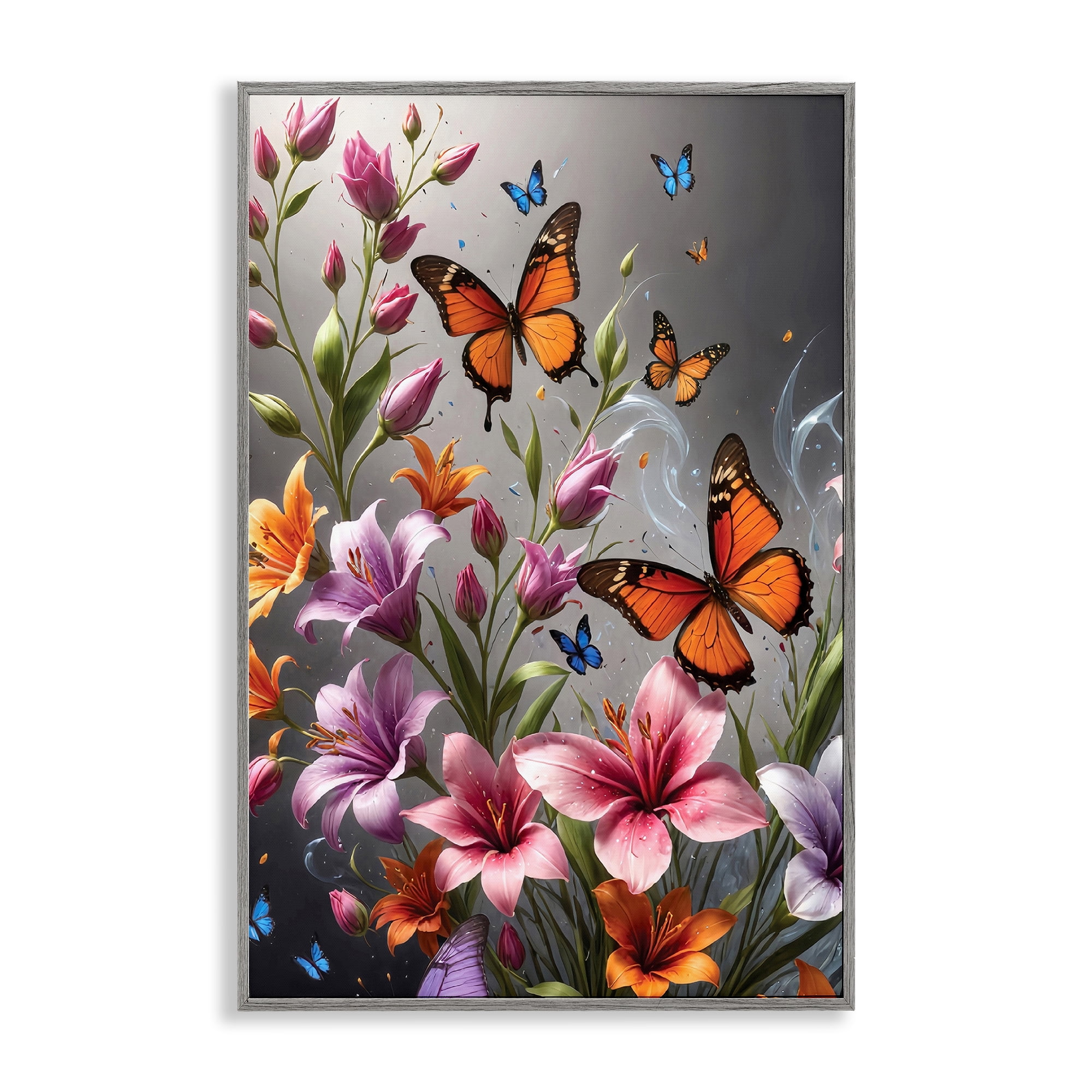 Stupell Industries Monarch Butterflies & Lilies Animals Painting Gray Framed Art Print Wall Art, 12 x 18