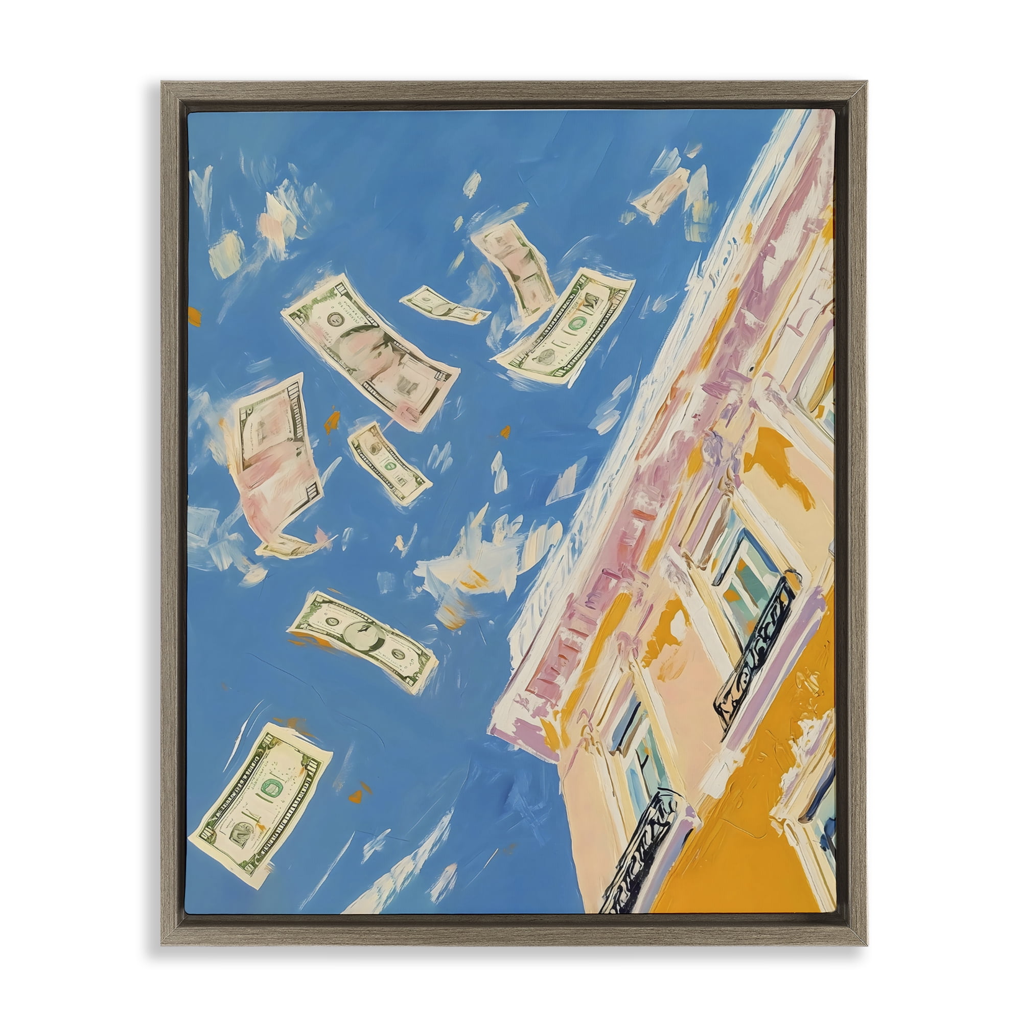 Stupell Industries Money Rain Drifting Past Windows Brown Framed Floater Canvas Wall Art, design by The Prints Vibe