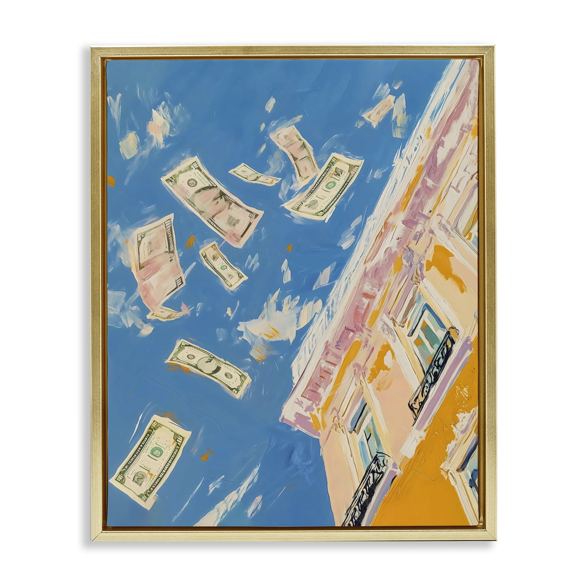 Stupell Industries Money Rain Drifting Past Windows Gold Framed Floater Canvas Wall Art, design by The Prints Vibe