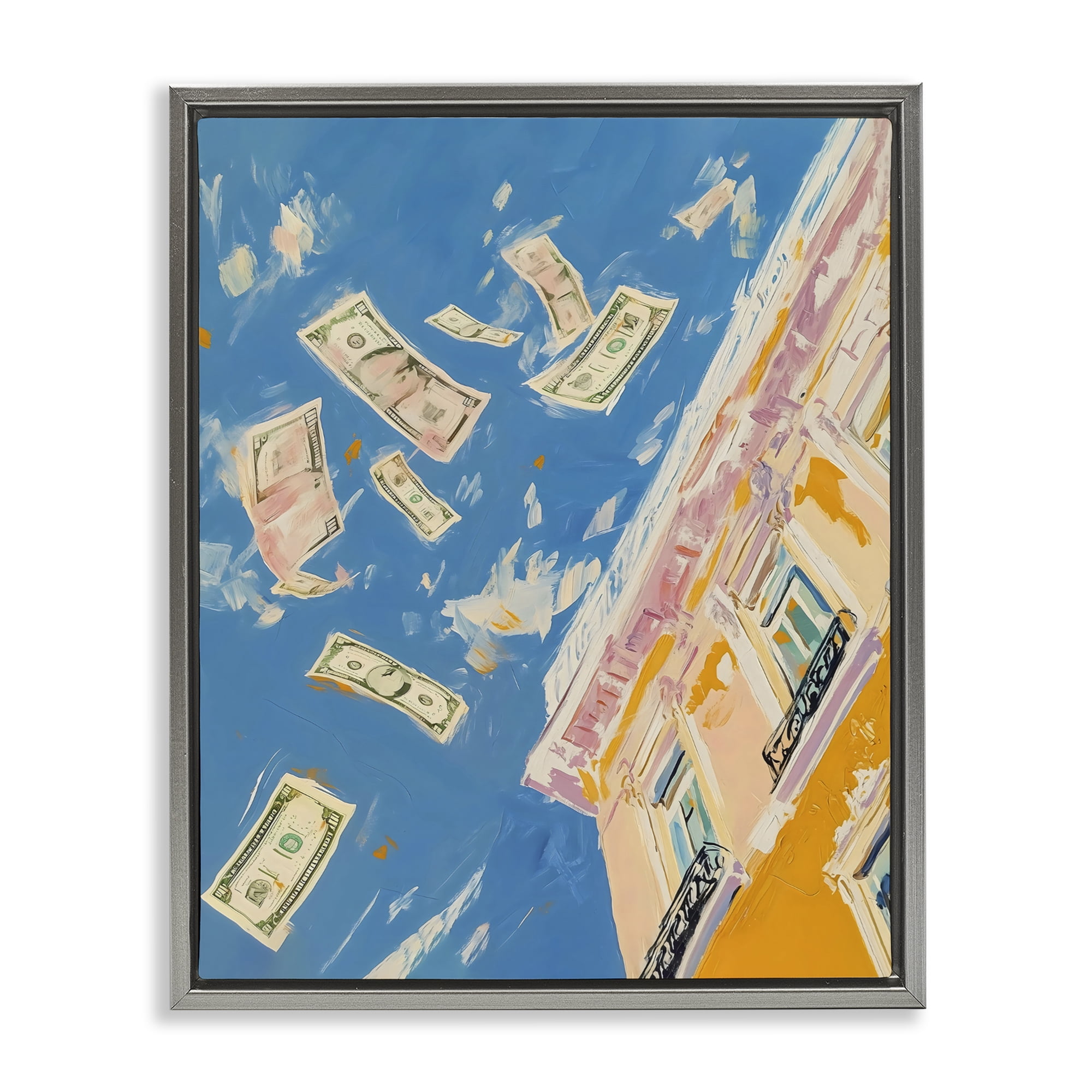 Stupell Industries Money Rain Drifting Past Windows Gray Framed Floater Canvas Wall Art, design by The Prints Vibe