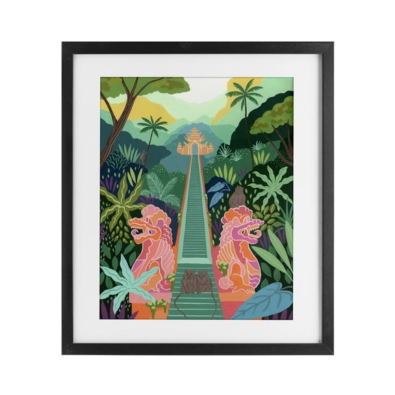 Stupell Industries Monkey Forest Stairs to Temple Black Framed Print Under Glass design by Courtney Haley, 16 x 13