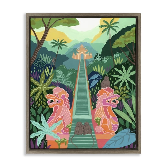 Stupell Industries Monkey Forest Stairs to Temple Brown Framed Floater Canvas Wall Art design by Courtney Haley, 31 x 25