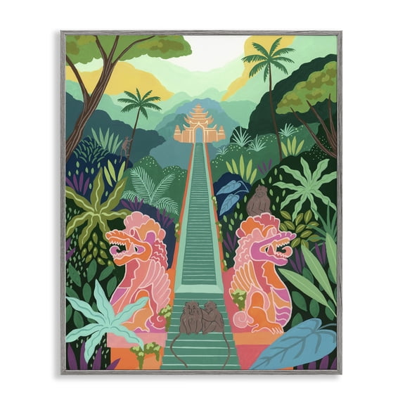 Stupell Industries Monkey Forest Stairs to Temple Gray Framed Giclee Art design by Courtney Haley, 30 x 24