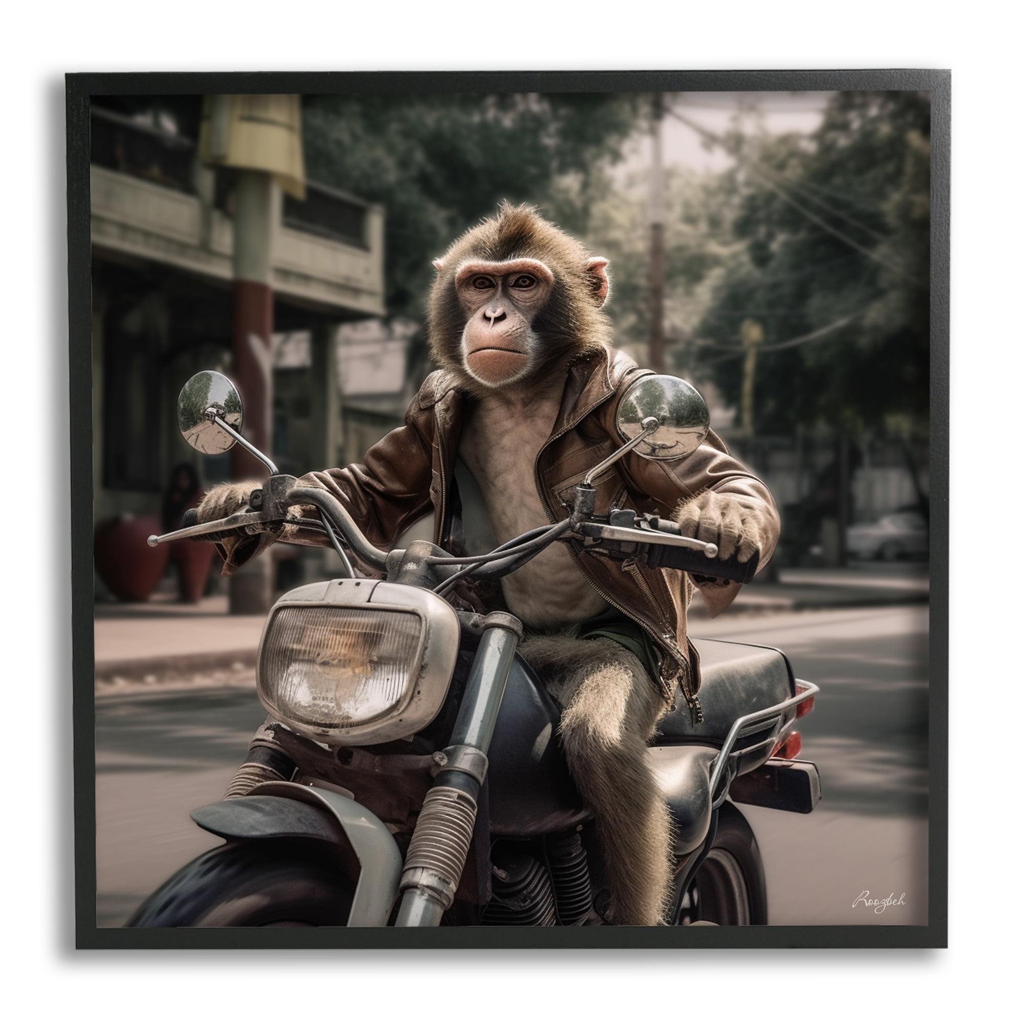Stupell Industries Monkey Motorcycle Biker Animals & Insects Painting Black Framed Art Print Wall Art, 24 x 24