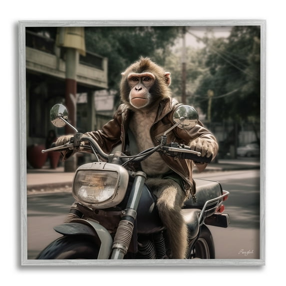 Stupell Industries Monkey Motorcycle Biker Animals & Insects Painting Gray Framed Art Print Wall Art, 12 x 12