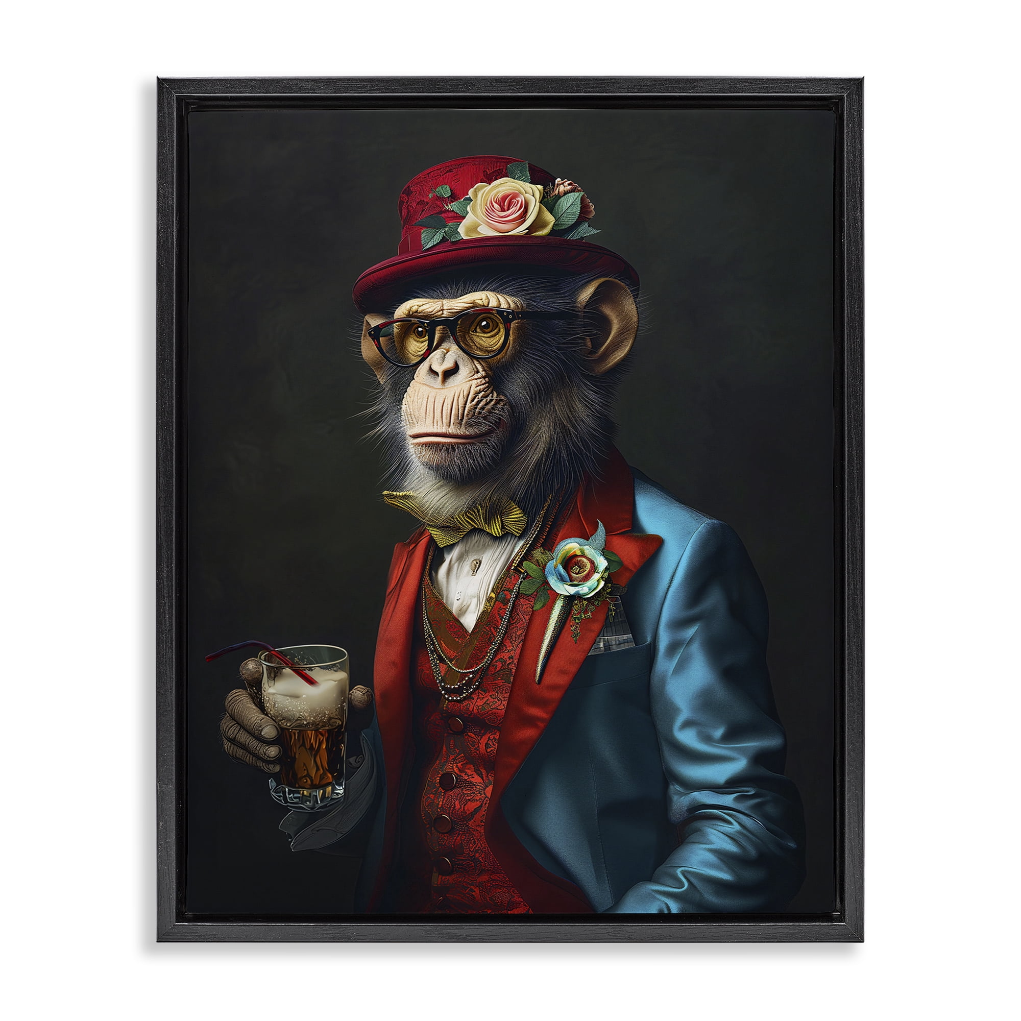 Stupell Industries Monkey with Fancy Outfit Animals & Insects Painting Black Floater Framed Canvas Art Print Wall Art, 25 x 31