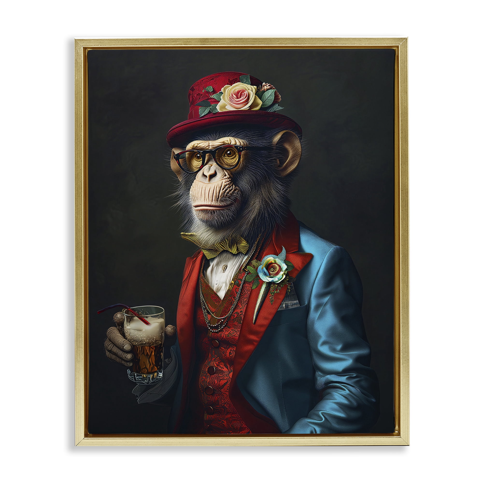 Stupell Industries Monkey with Fancy Outfit Animals & Insects Painting Gold Floater Framed Canvas Art Print Wall Art, 17 x 21