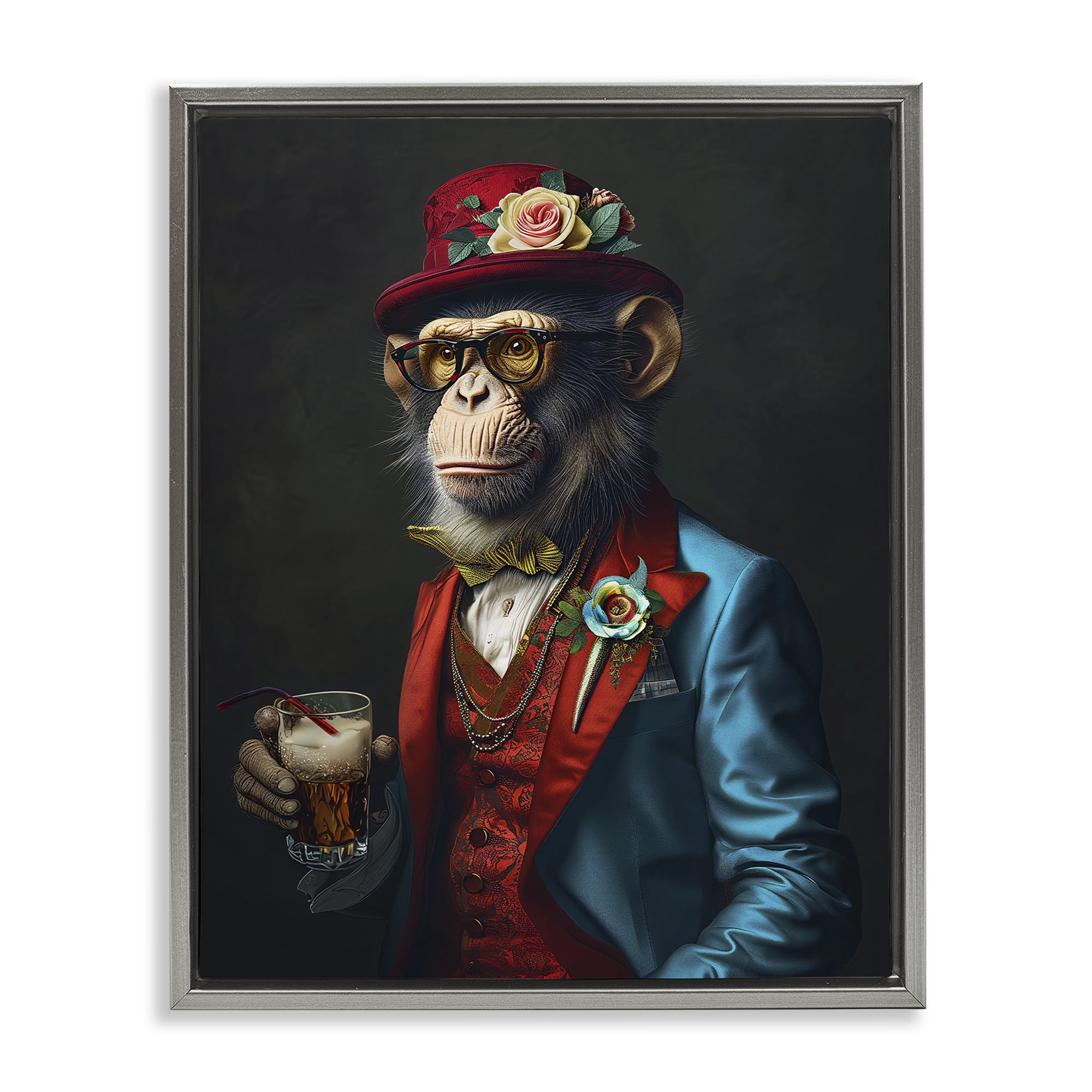 Stupell Industries Monkey with Fancy Outfit Animals & Insects Painting Gray Floater Framed Canvas Art Print Wall Art, 25 x 31