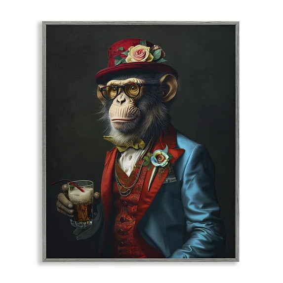 Stupell Industries Monkey with Fancy Outfit Animals & Insects Painting Gray Framed Art Print Wall Art, 24 x 30