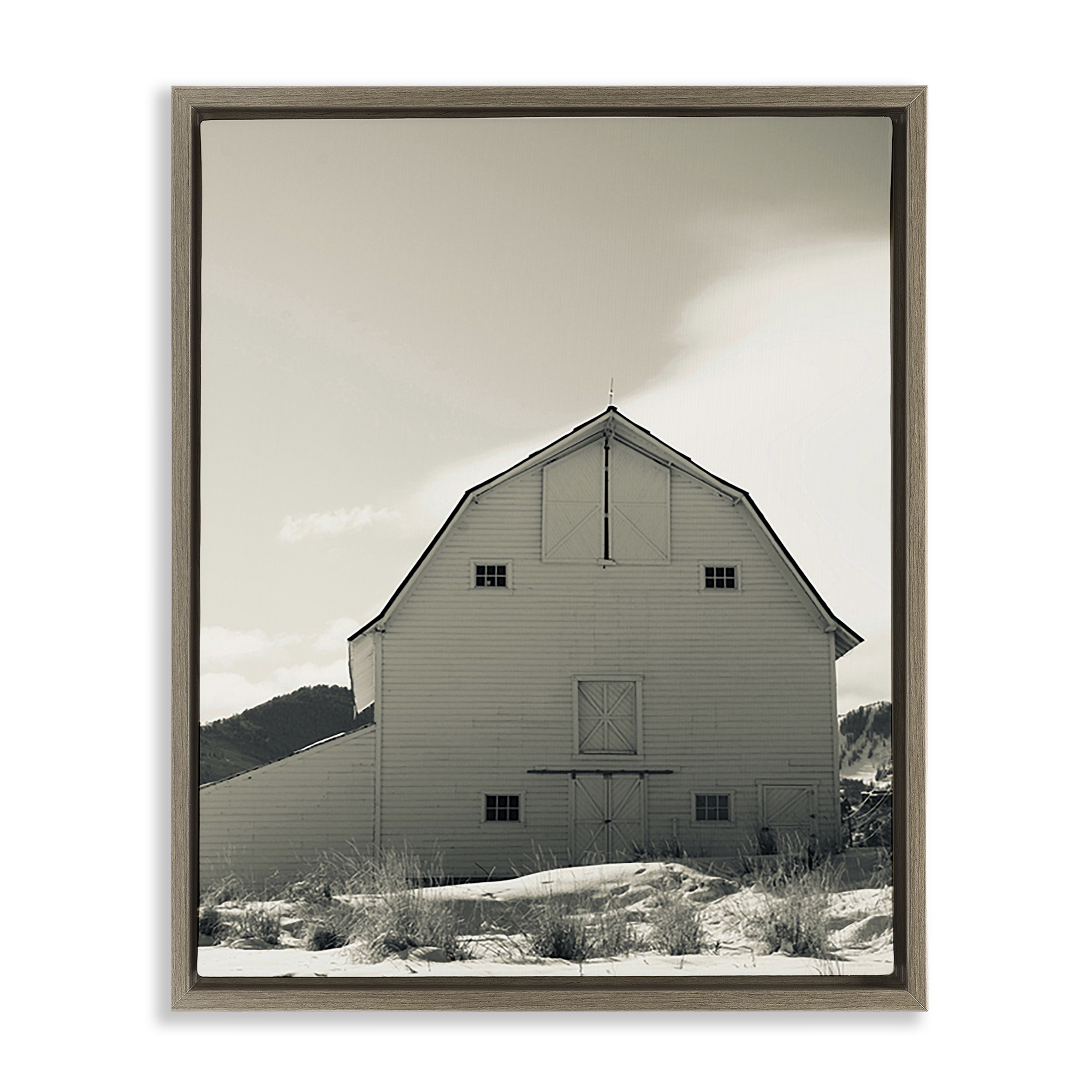 Stupell Industries Monochromatic Winter Barn Nautical & Beach Photography Brown Floater Framed Canvas Art Print Wall Art, 17 x 21
