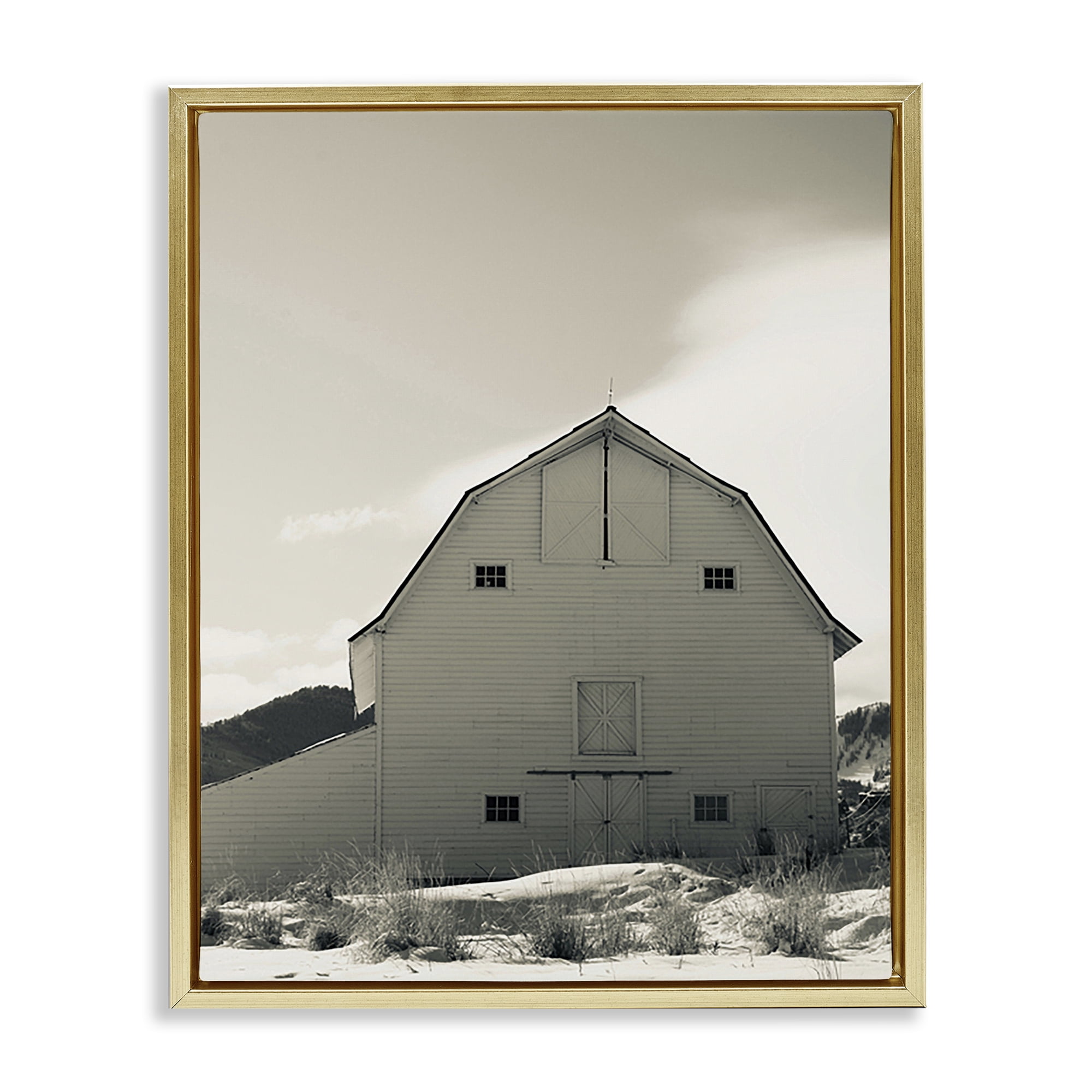 Stupell Industries Monochromatic Winter Barn Nautical & Beach Photography Gold Floater Framed Canvas Art Print Wall Art, 17 x 21