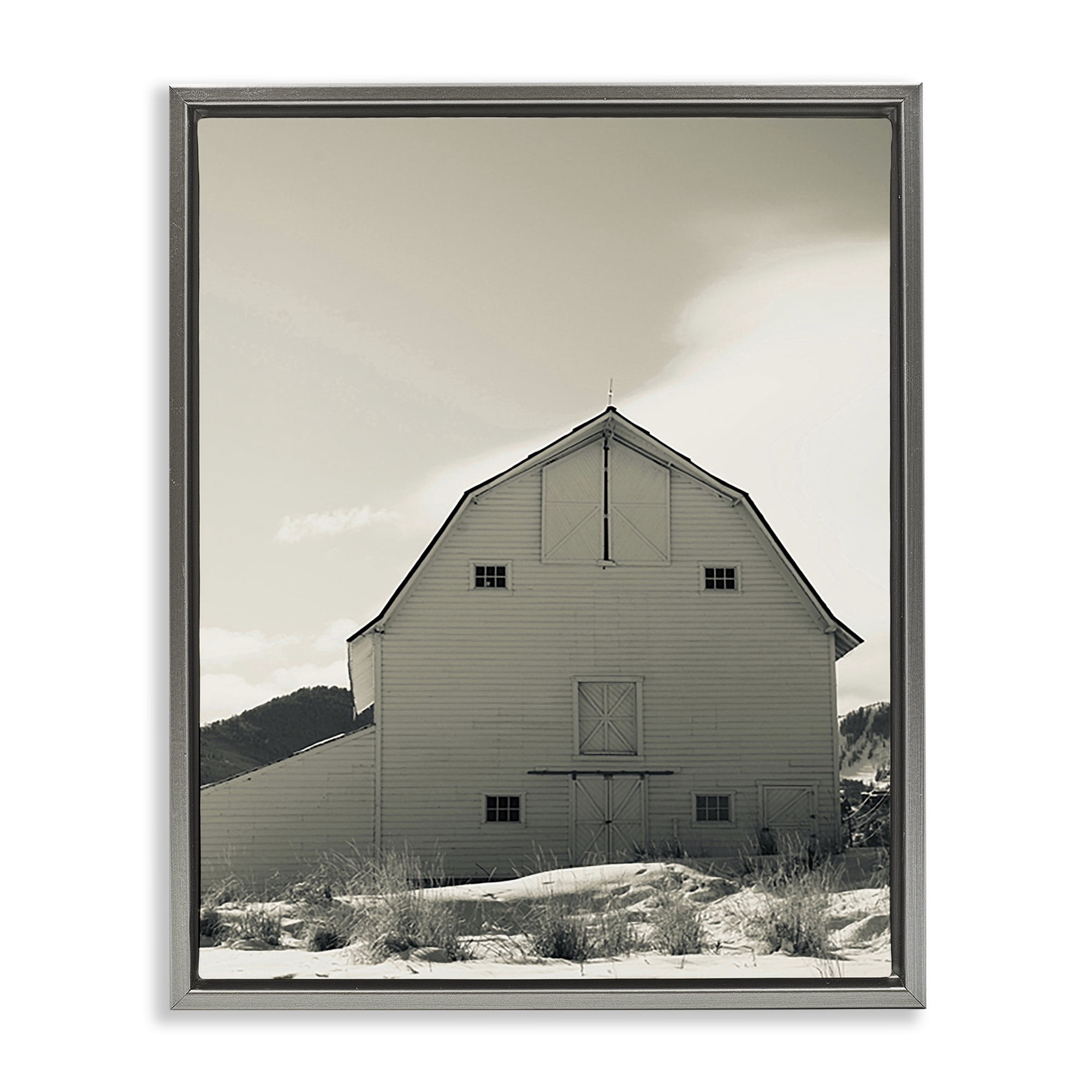 Stupell Industries Monochromatic Winter Barn Nautical & Beach Photography Gray Floater Framed Canvas Art Print Wall Art, 17 x 21