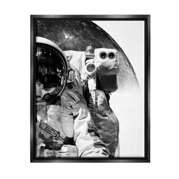 Stupell Industries Monochrome Astronaut Distant Planet Outer Space Photography Photograph Jet Black Floating Framed Canvas Print Wall Art, Design by Brandon Wong
