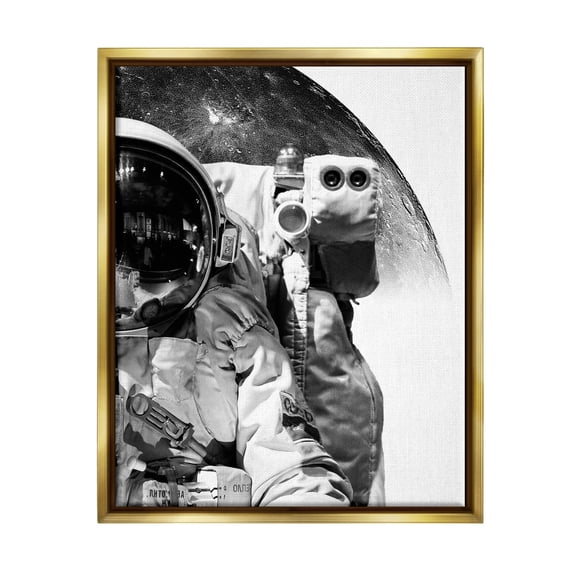 Stupell Industries Monochrome Astronaut Distant Planet Outer Space Photography Photograph Metallic Gold Floating Framed Canvas Print Wall Art, Design by Brandon Wong