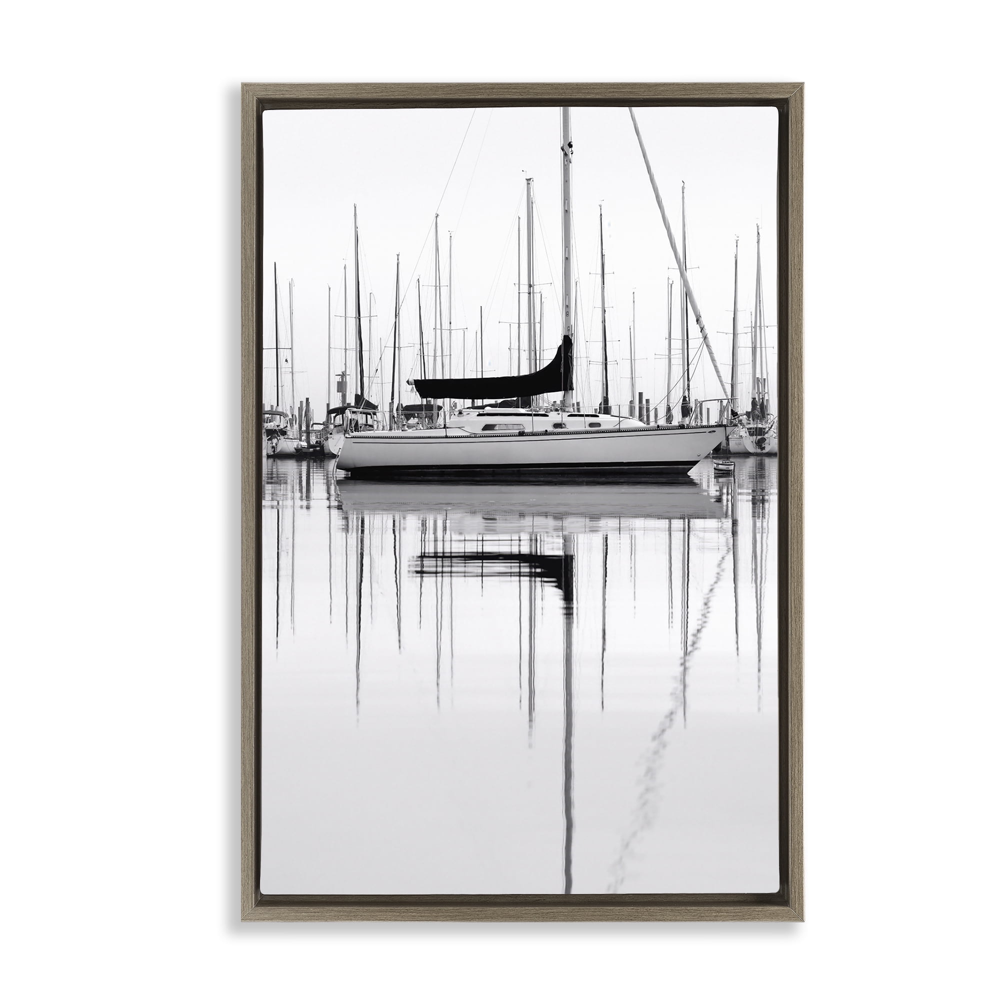 Stupell Industries Monochrome Boat Harbor Transportation Photography Brown Floater Framed Canvas Art Print Wall Art, 21 x 31