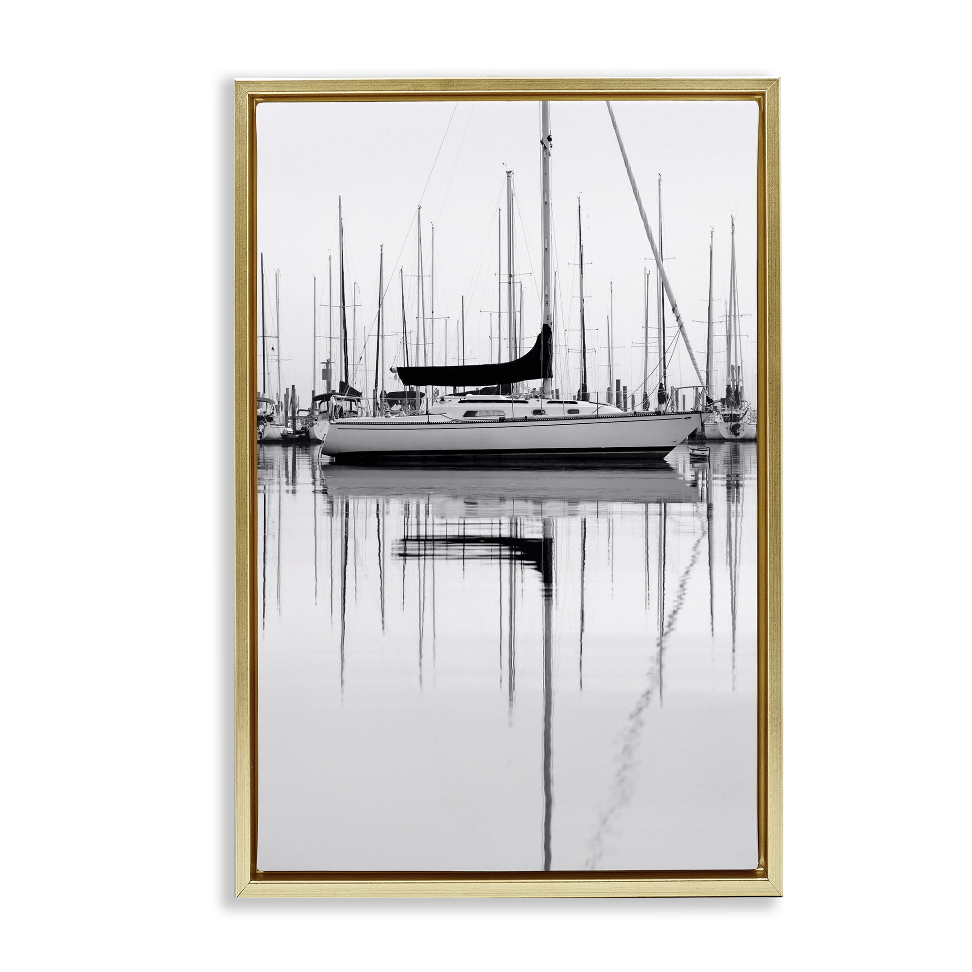 Stupell Industries Monochrome Boat Harbor Transportation Photography Gold Floater Framed Canvas Art Print Wall Art, 21 x 31
