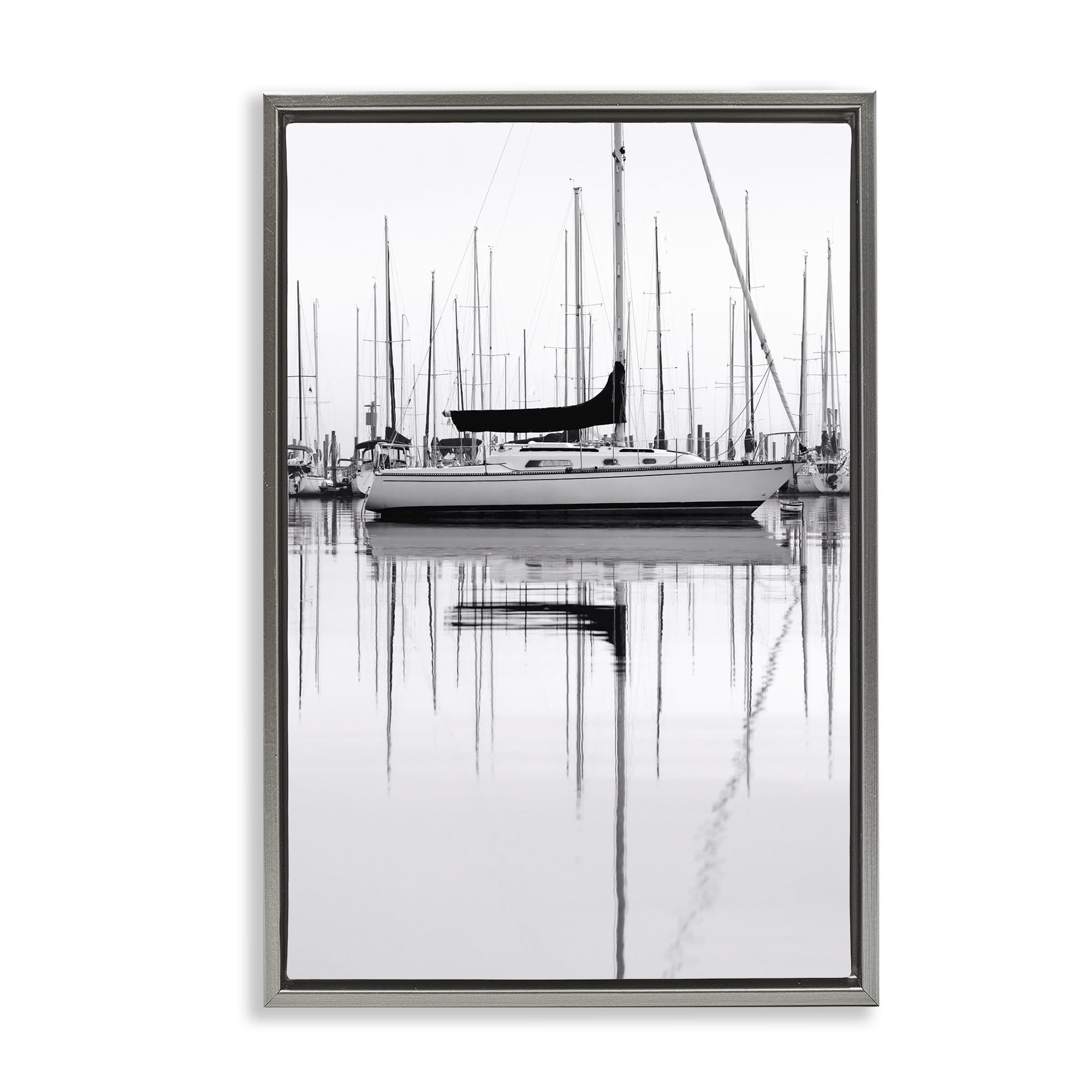 Stupell Industries Monochrome Boat Harbor Transportation Photography Gray Floater Framed Canvas Art Print Wall Art, 21 x 31