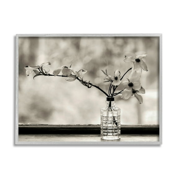 Stupell Industries Monochrome Botanical Orchid Flower Windowsill Photography Gray Framed Art Print Wall Art, 30x24, by Kelly Sinclair