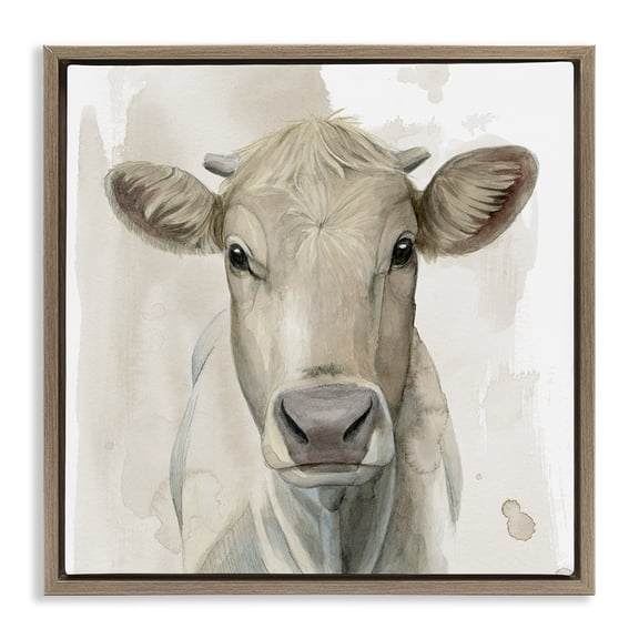 Stupell Industries Monochrome Cattle Face Portrait Animals Painting Brown Floater Framed Canvas Art Print Wall Art, 18 x 18