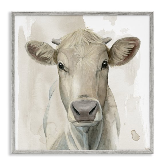 Stupell Industries Monochrome Cattle Face Portrait Animals Painting Gray Framed Art Print Wall Art, 24 x 24