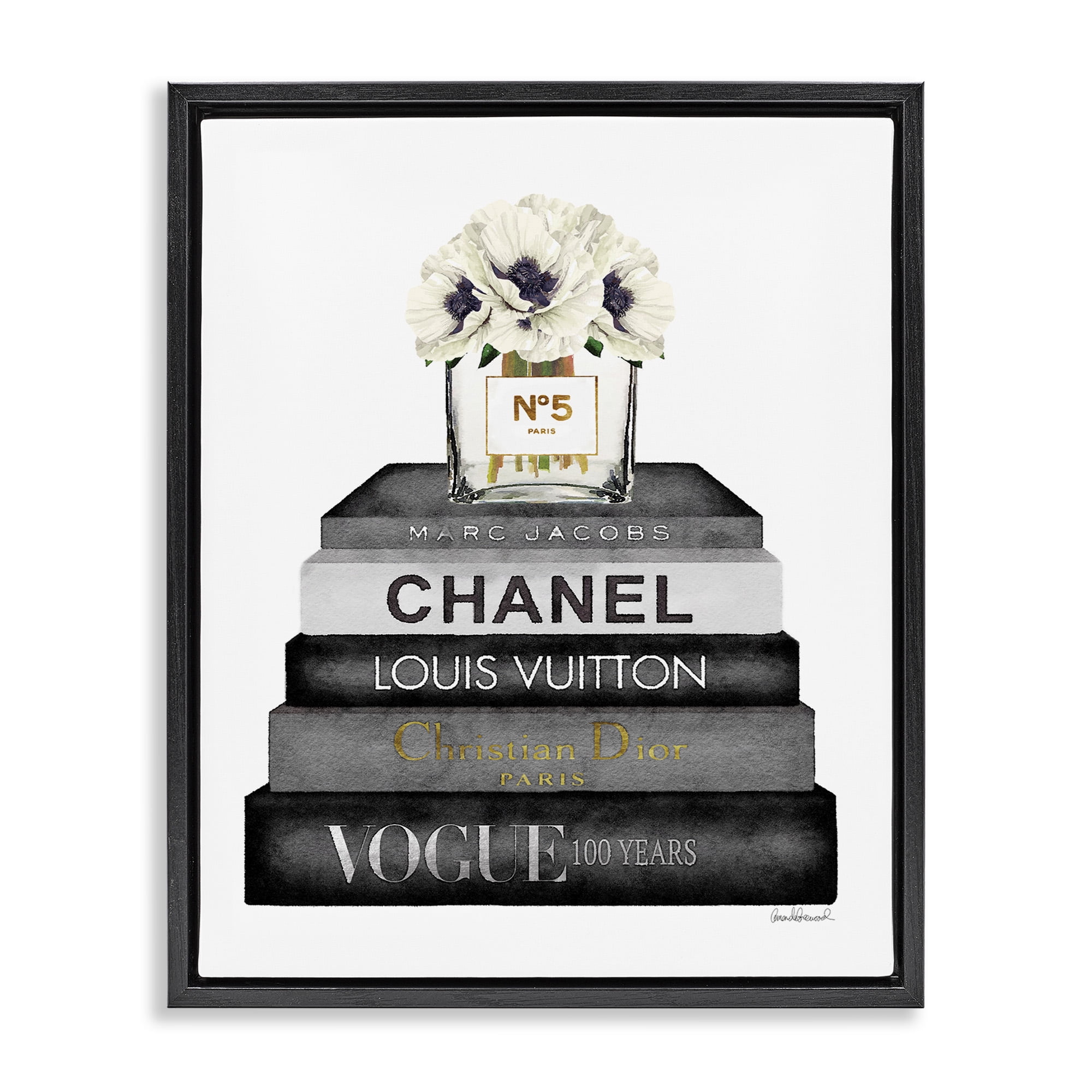 Stupell Industries Monochrome Fashion Designer Bookstack Beauty & Fashion Painting Black Floater Framed Canvas Art Print Wall Art, 17 x 21