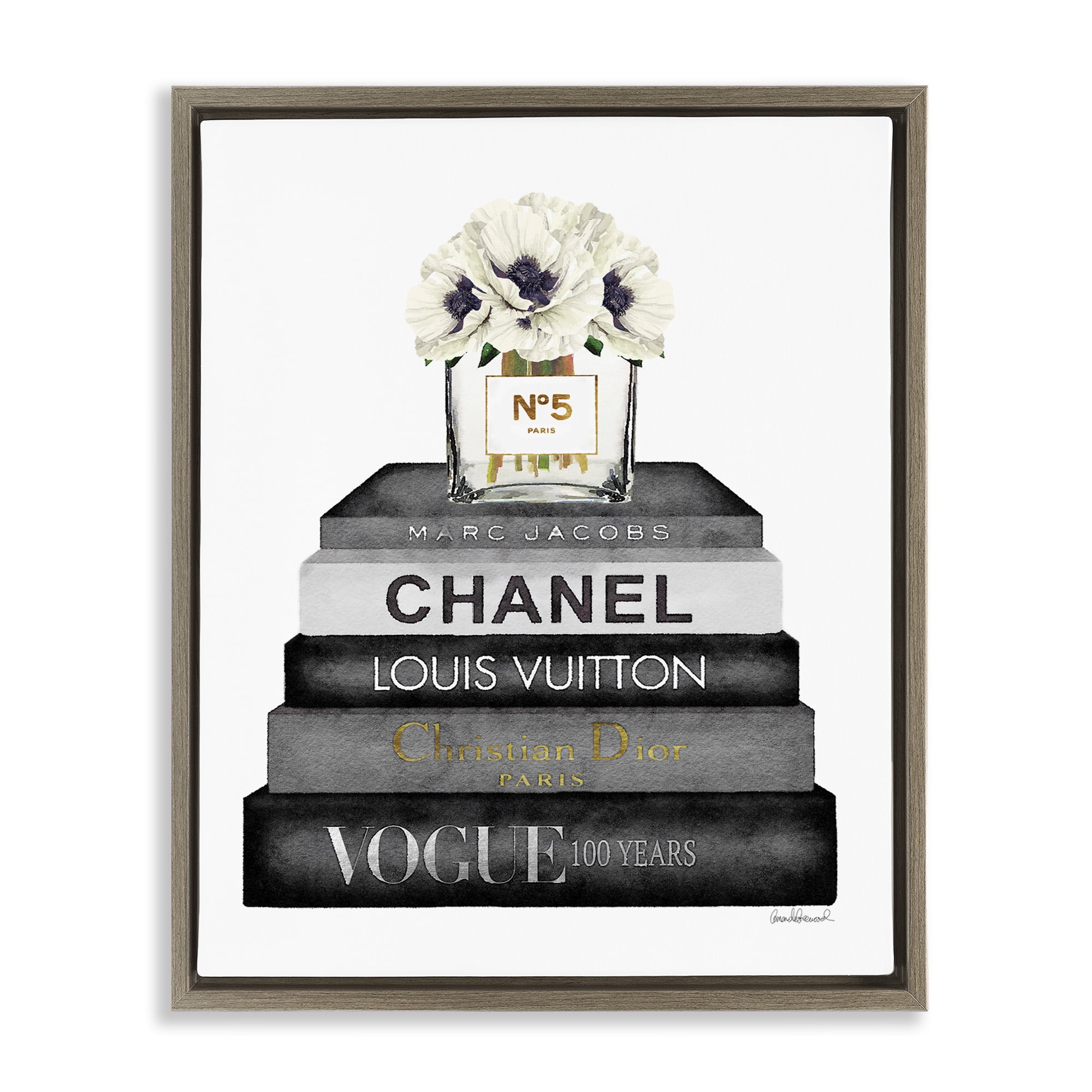 Stupell Industries Monochrome Fashion Designer Bookstack Beauty & Fashion Painting Brown Floater Framed Canvas Art Print Wall Art, 25 x 31