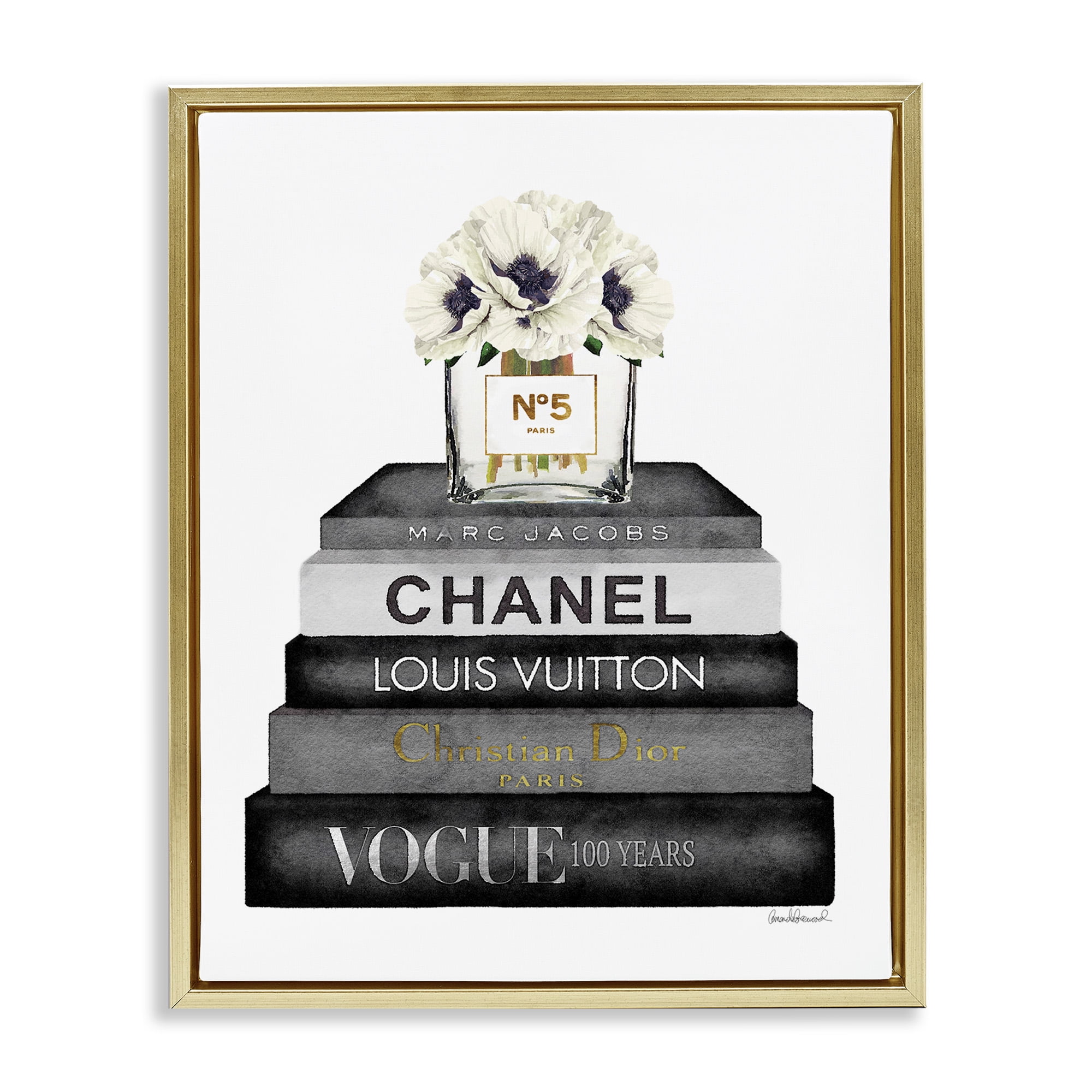 Stupell Industries Monochrome Fashion Designer Bookstack Beauty & Fashion Painting Gold Floater Framed Canvas Art Print Wall Art, 17 x 21