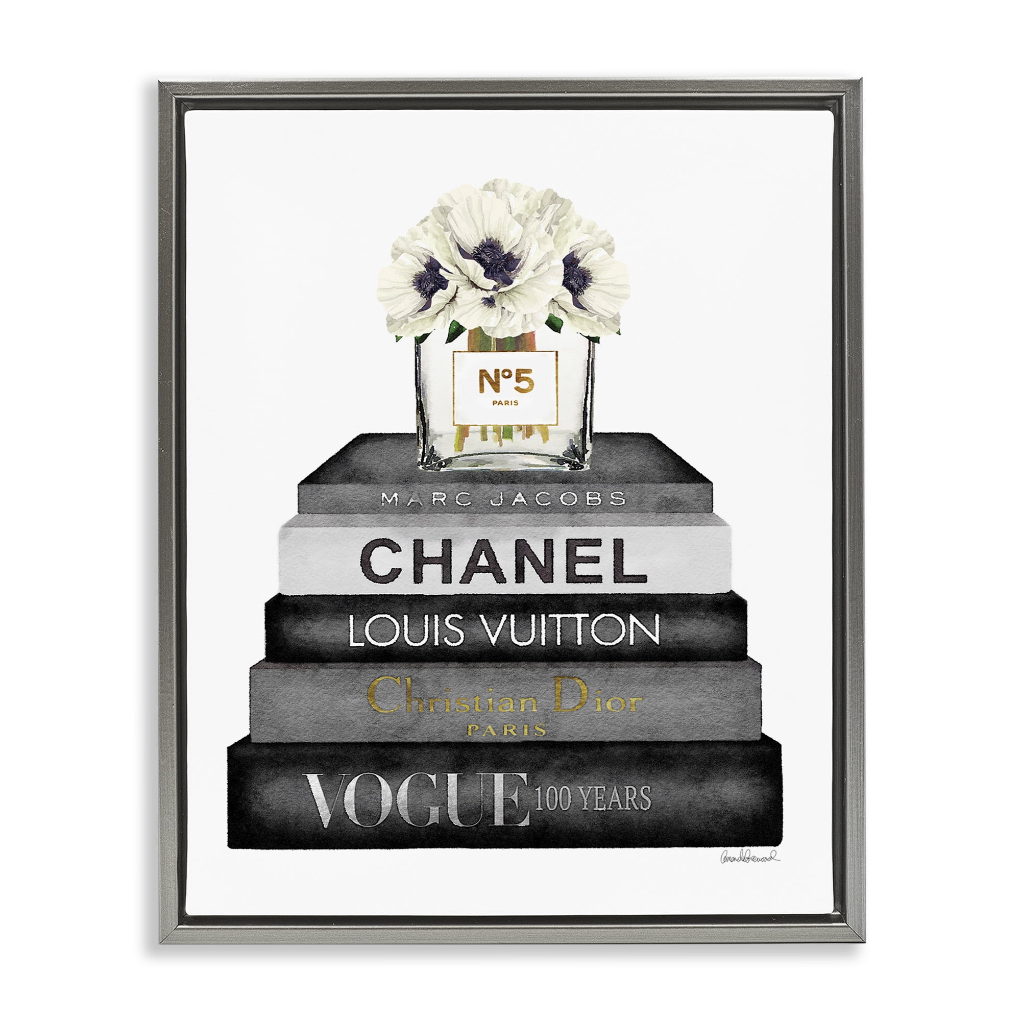 Stupell Industries Monochrome Fashion Designer Bookstack Beauty & Fashion Painting Gray Floater Framed Canvas Art Print Wall Art, 17 x 21