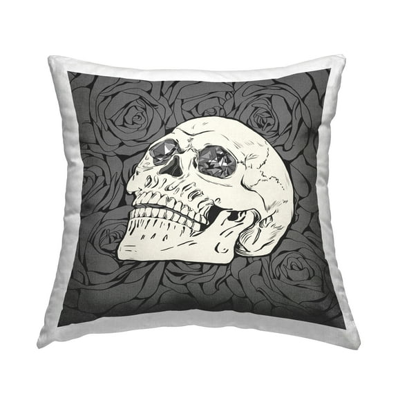 Stupell Industries Monochrome Goth Skull Roses Printed Throw Pillow Design by Ziwei Li