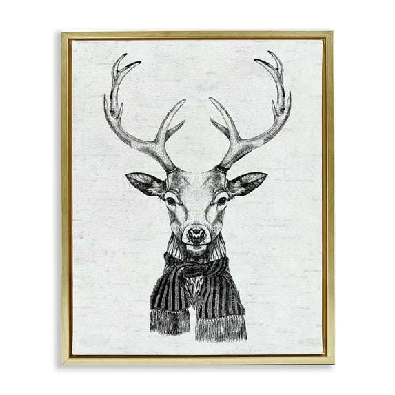 Stupell Industries Monochrome Holiday Deer Animals & Insects Painting Gold Floater Framed Canvas Art Print Wall Art, 17 x 21