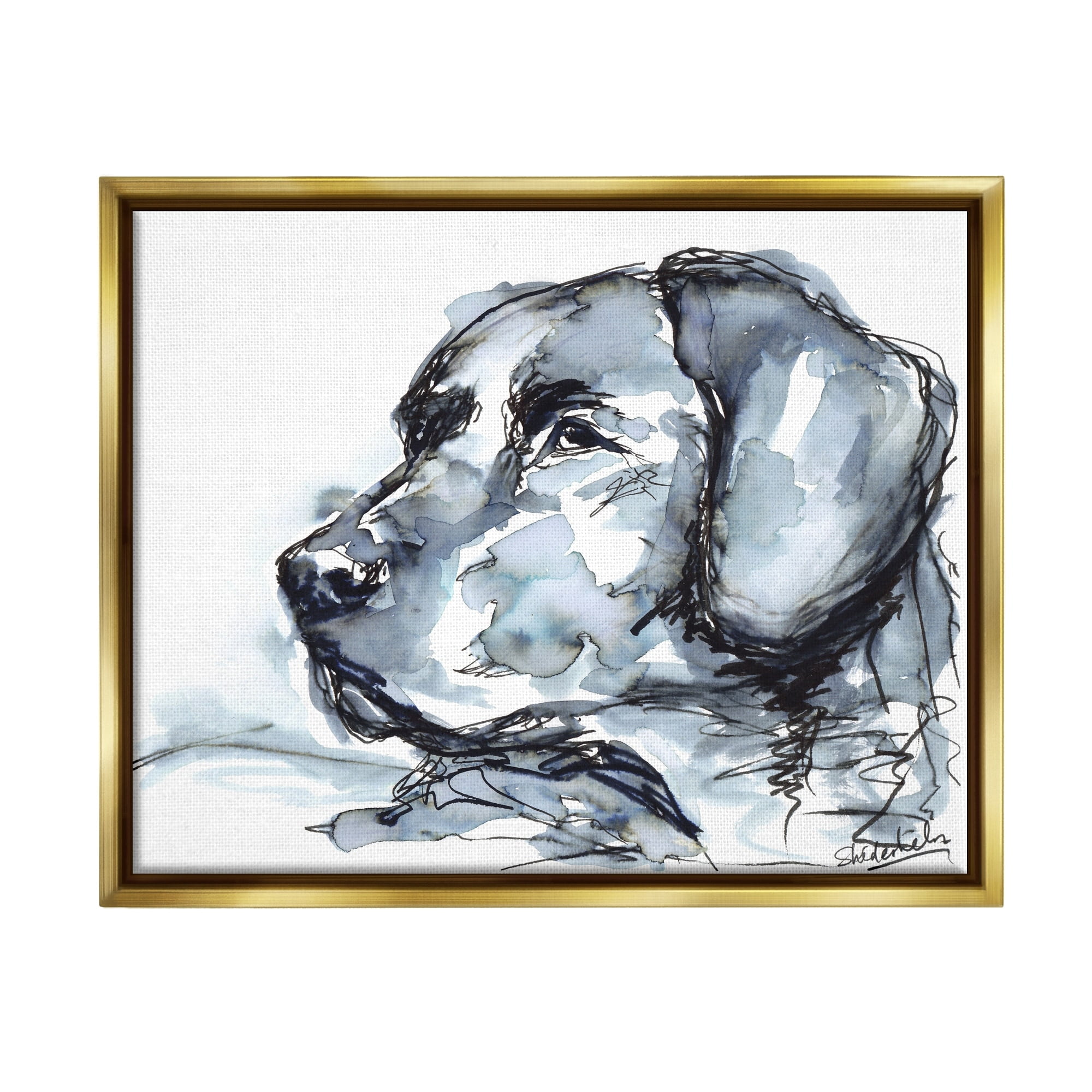Stupell Industries Monochrome Ink Dog Portrait Abstract Watercolor Detail Painting Metallic Gold Floating Framed Canvas Print Wall Art, Design by Kendra Shedenhelm