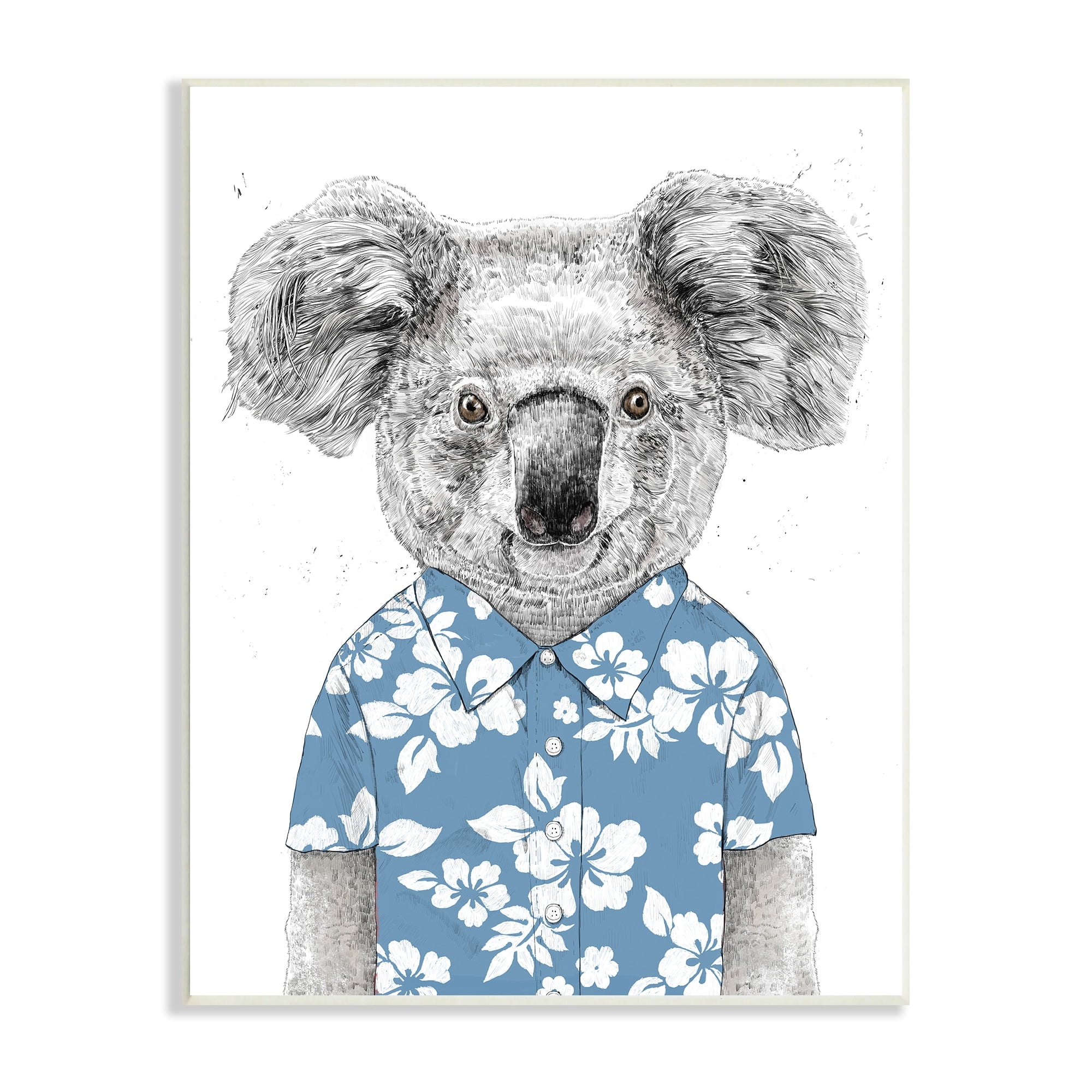 Stupell Industries Monochrome Koala Blue Aloha Shirt Hibiscus Botanicals Wood Wall Art, 10 x 15, Design by Balazs Solti