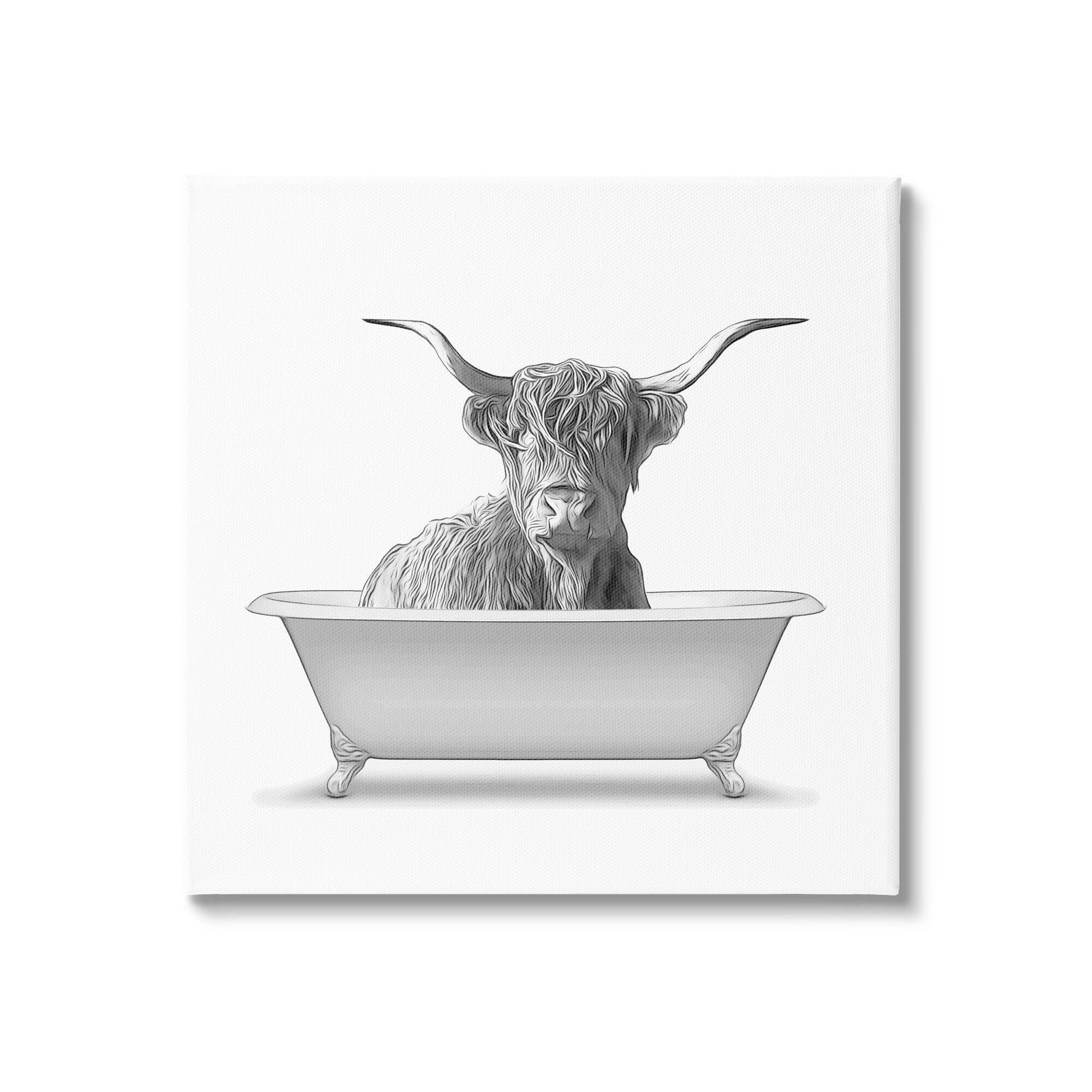 Stupell Industries Monochrome Longhorn Cattle Bathtub Vintage Farmhouse Novelty Painting Gallery-Wrapped Canvas Print Wall Art, 24 x 24, Design by Annalisa Latella